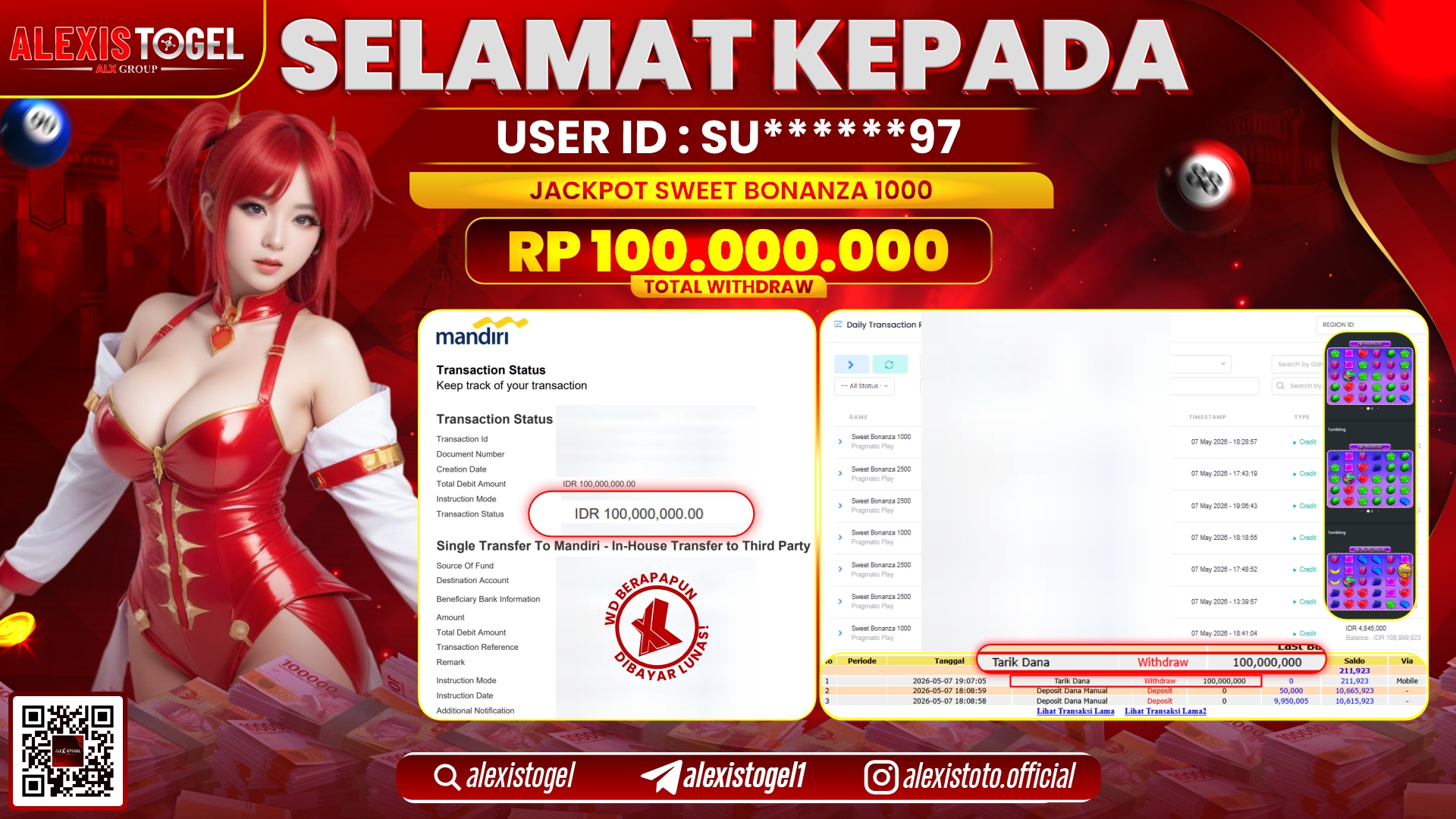 ALEXISTOGEL JACKPOT DI SWEET BONANZA 1000 RP.100.000.000,- LUNAS