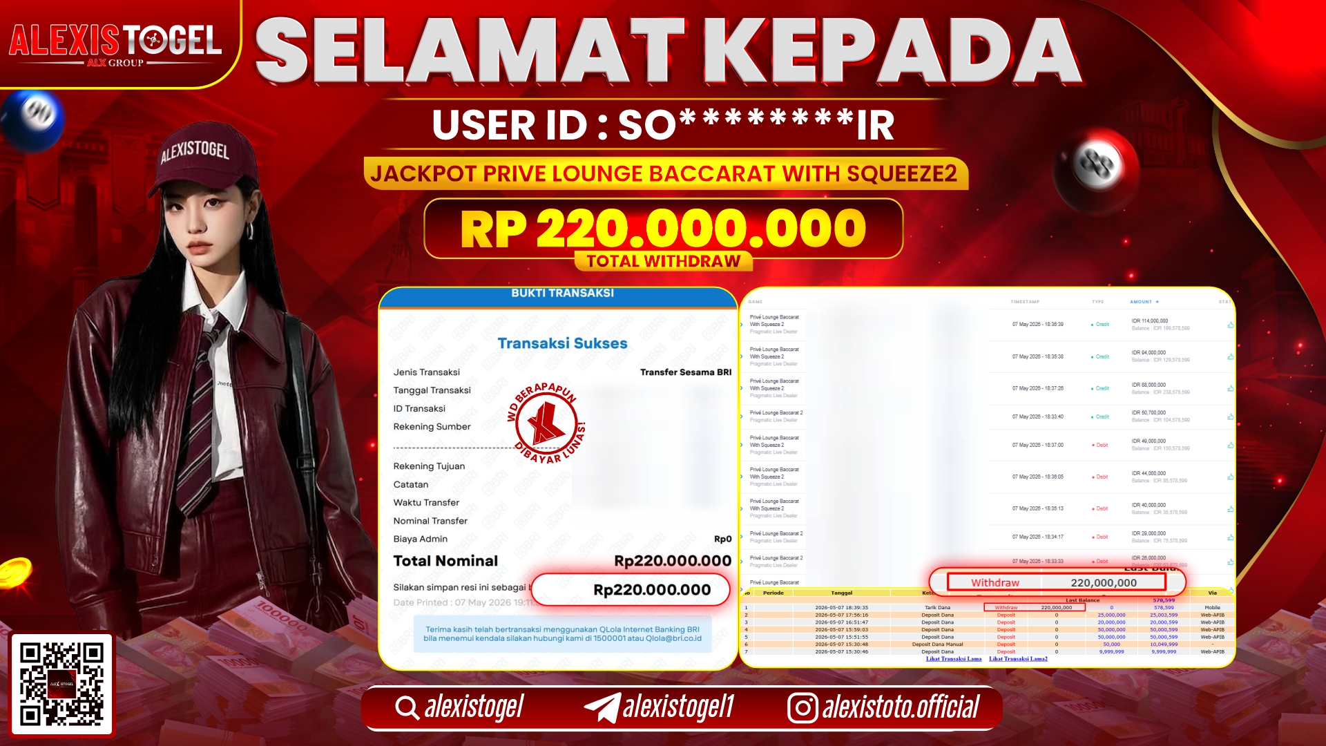 ALEXISTOGEL JACKPOT DI PRIVE LOUNGE BACCARAT WITH SQUEEZE 2 RP.220.000.000,- LUNAS