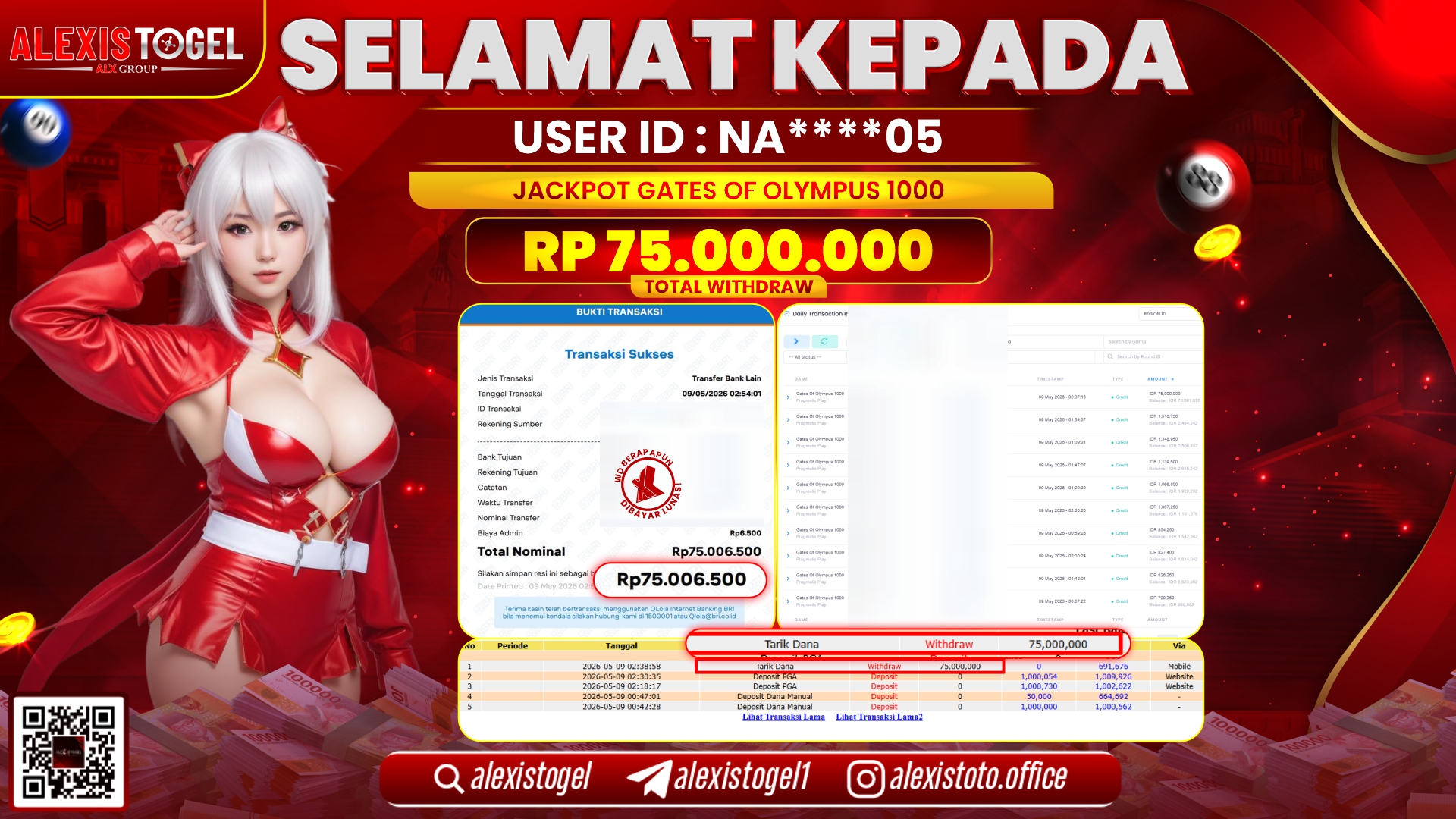 ALEXISTOGEL JACKPOT DI SLOT GAME GATES OF OLYMPUS 1000 RP.75.000.000,- LUNAS