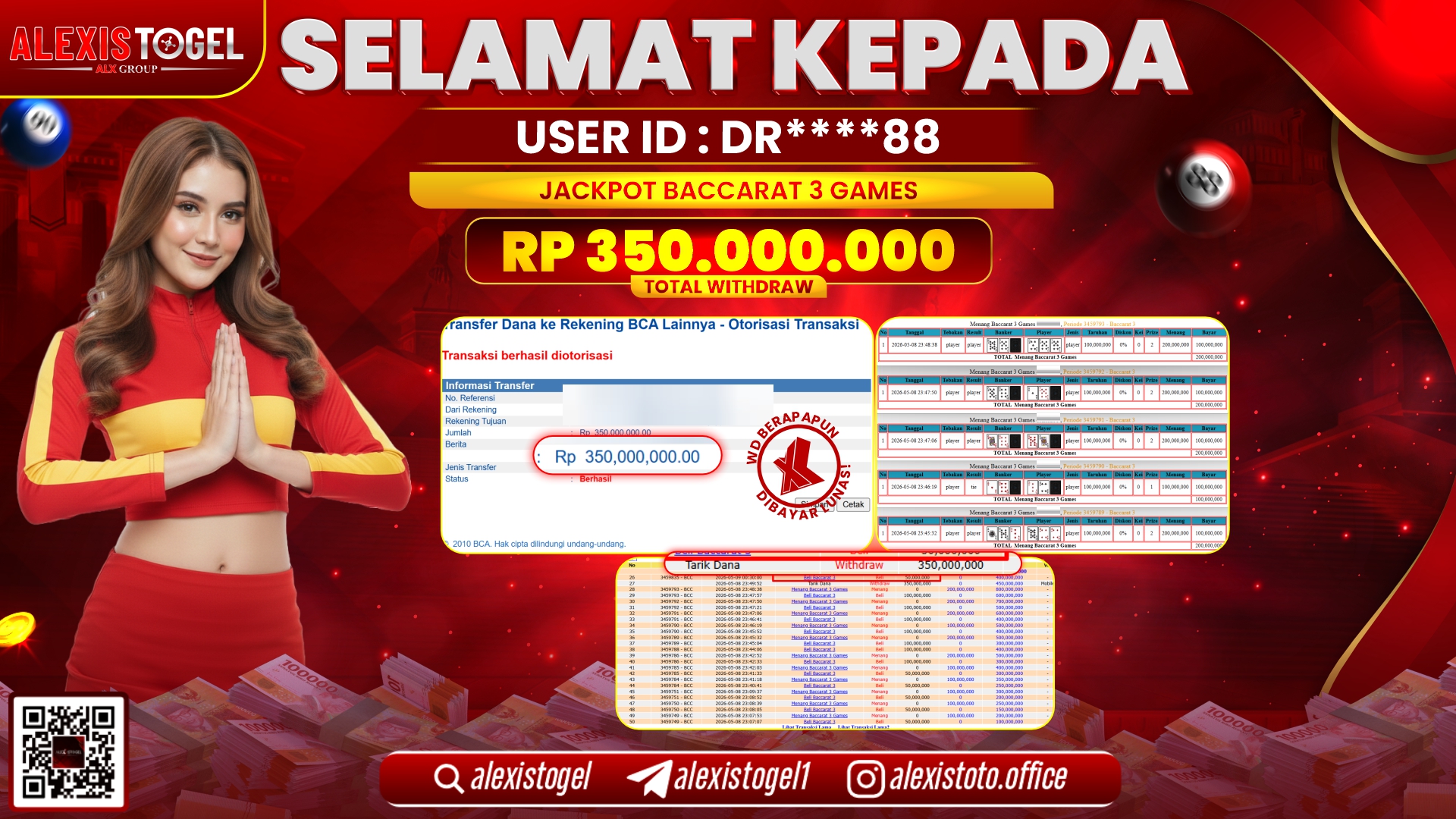 ALEXISTOGEL JACKPOT DI CASINO BACCARAT 3 GAMES RP.350.000.000,- LUNAS