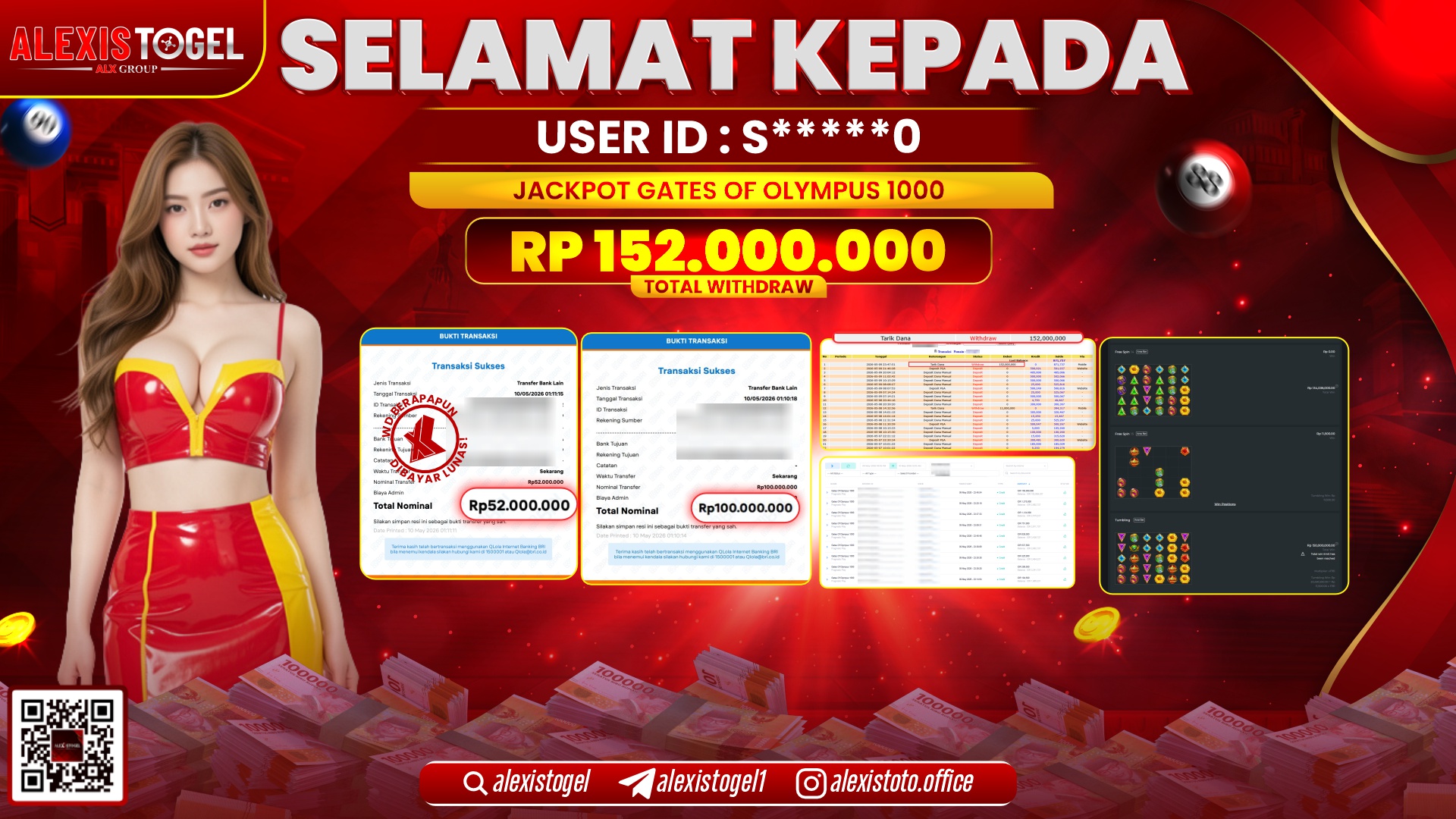 ALEXISTOGEL JACKPOT DI SLOT GAME GATES OF OLYMPUS 1000 RP.152.000.000,- LUNAS