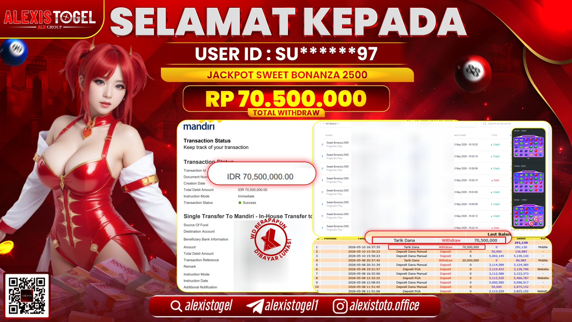 ALEXISTOGEL JACKPOT DI SLOT GAME SWEET BONANZA 2500 RP.70.500.000,- LUNAS
