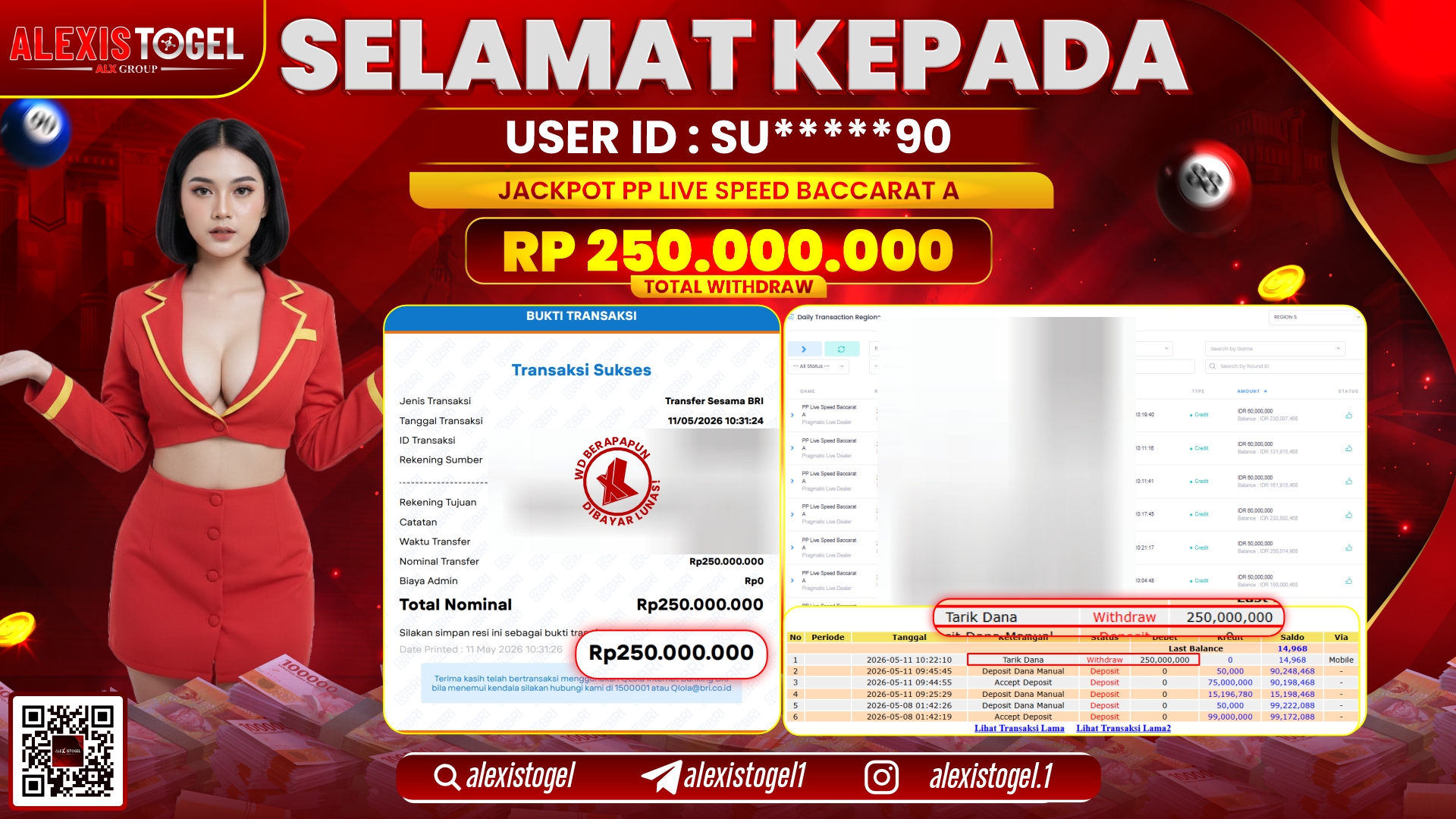 ALEXISTOGEL JACKPOT DI PP LIVE SPEED BACCARAT A RP.250.000.000,- LUNAS