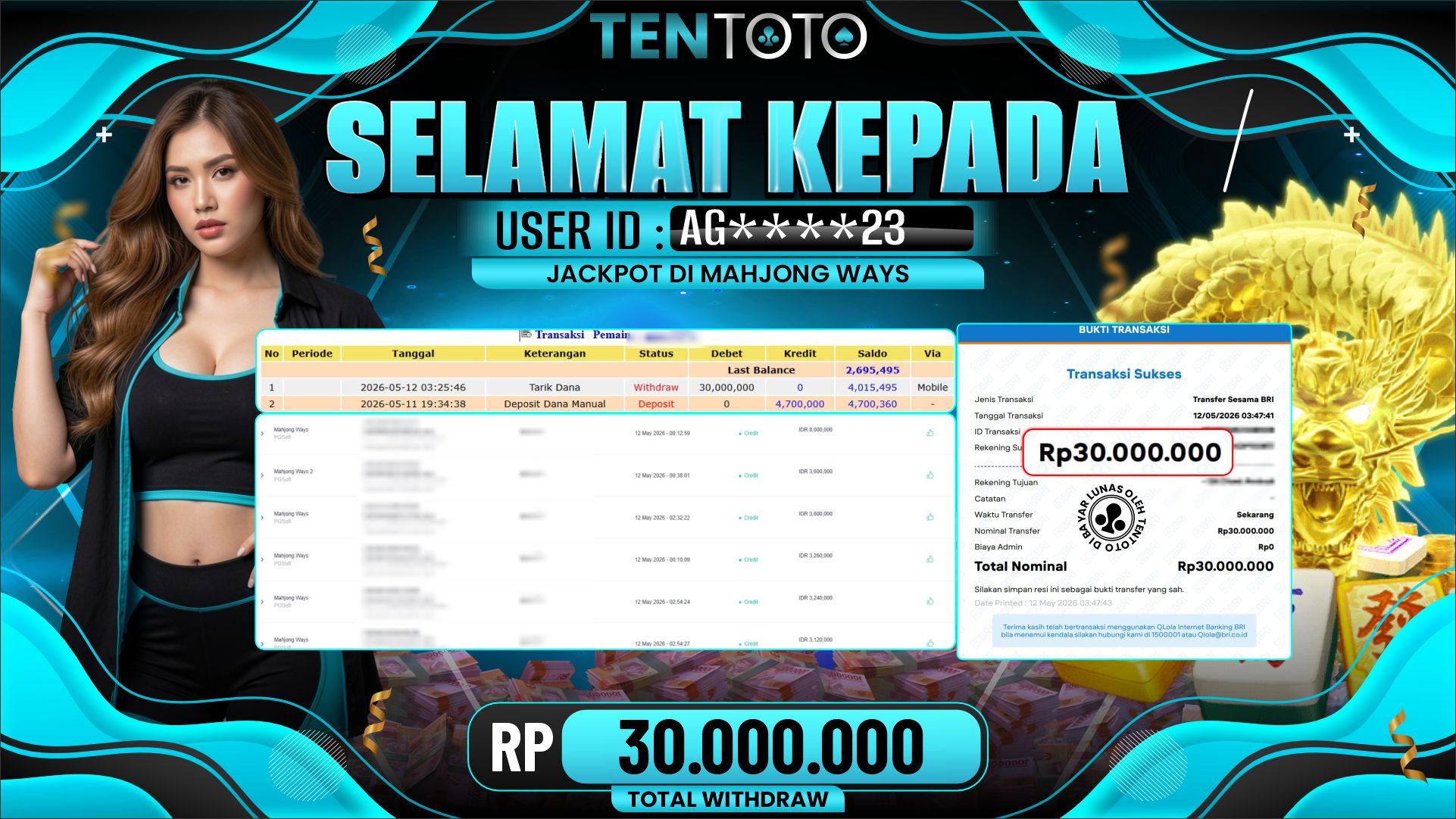 TENTOTO Mahjong Ways Rp. 30.000.000,- LUNAS