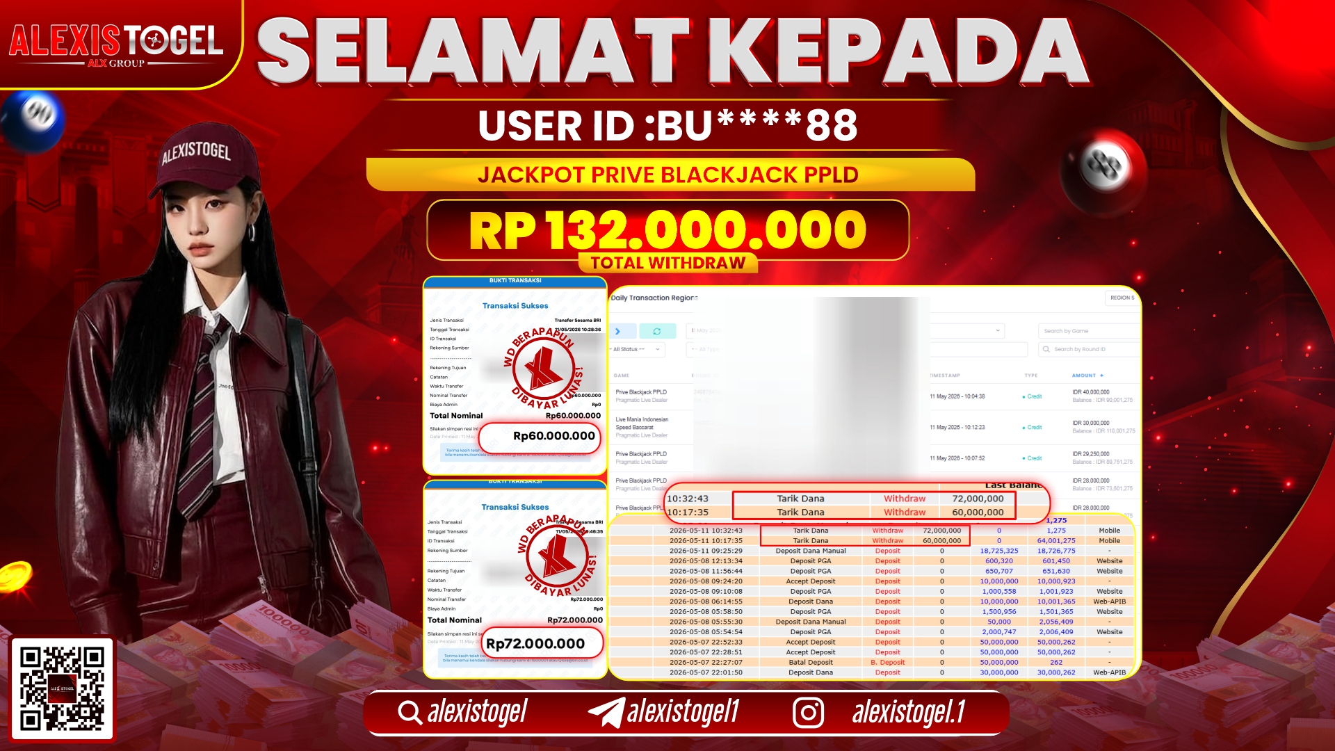 ALEXISTOGEL JACKPOT DI PRIVE BLACKJACK PPLD RP.132.000.000,- LUNAS