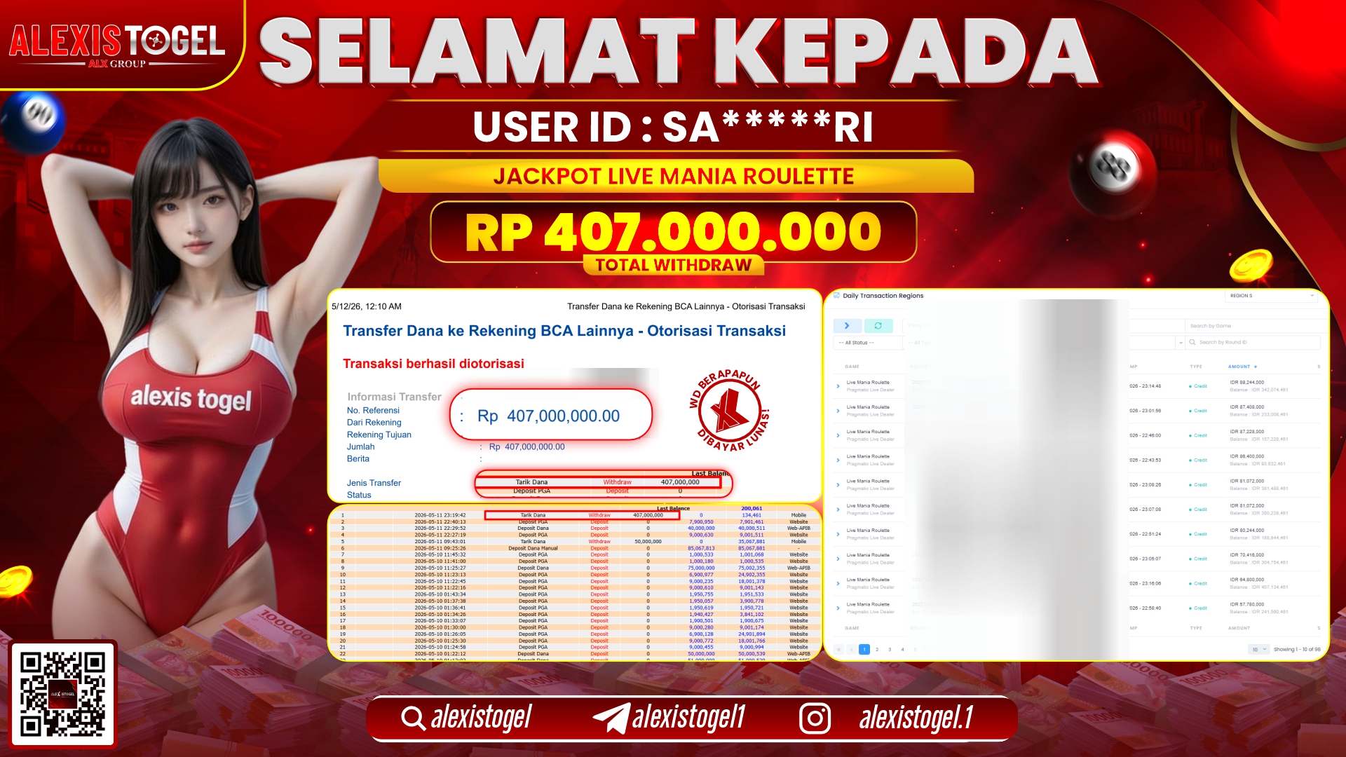 ALEXISTOGEL JACKPOT DI LIVE MANIA ROULETTE RP.407.000.000,- LUNAS