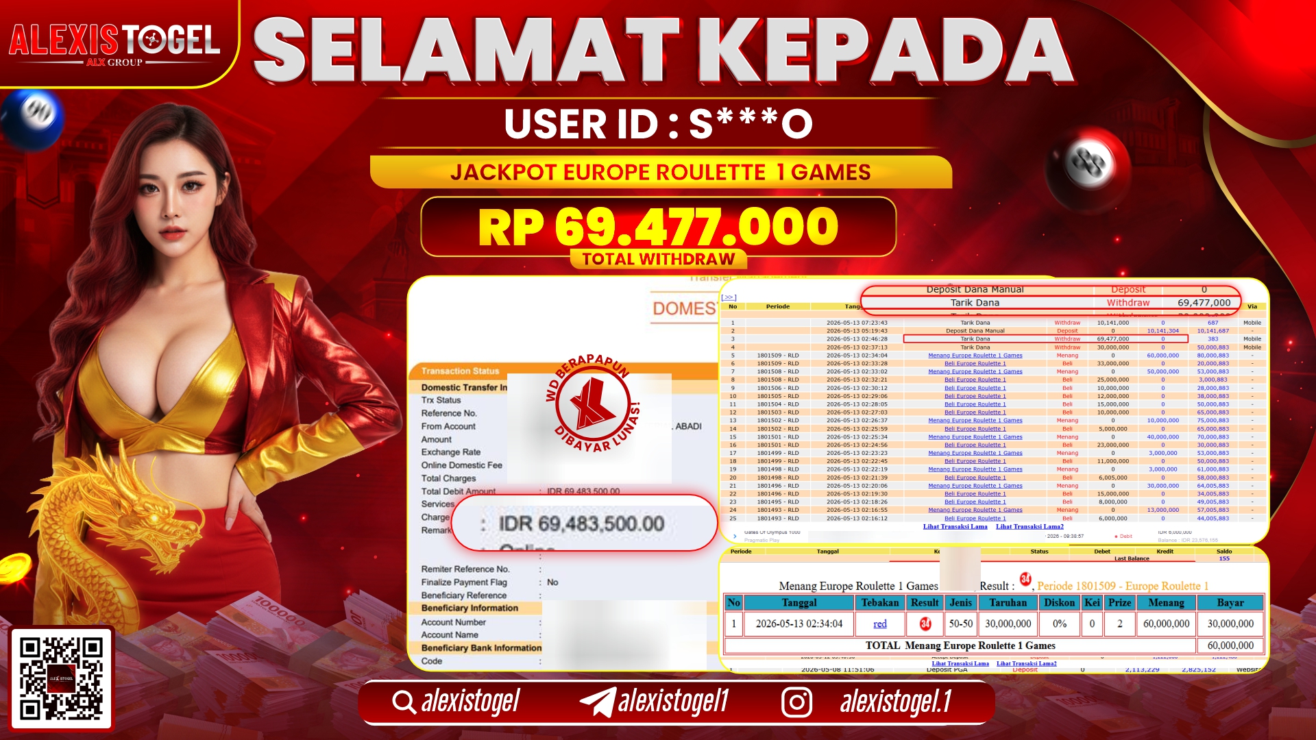 ALEXISTOGEL JACKPOT DI EUROPE ROULETTE 1 GAMES RP.69.477.000,- LUNAS