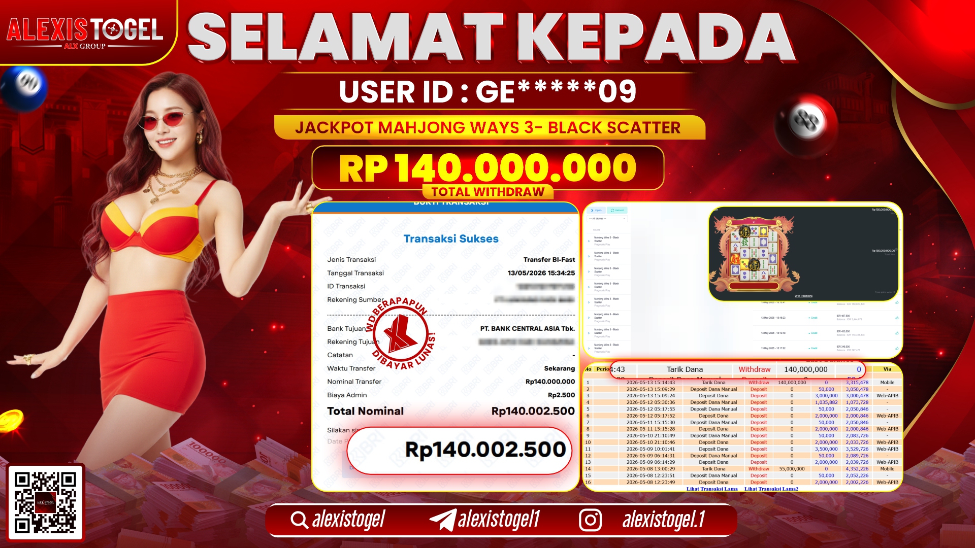 ALEXISTOGEL JACKPOT DI MAHJONG WAYS 3-BLACK SCATTER RP.140.000.000,- LUNAS
