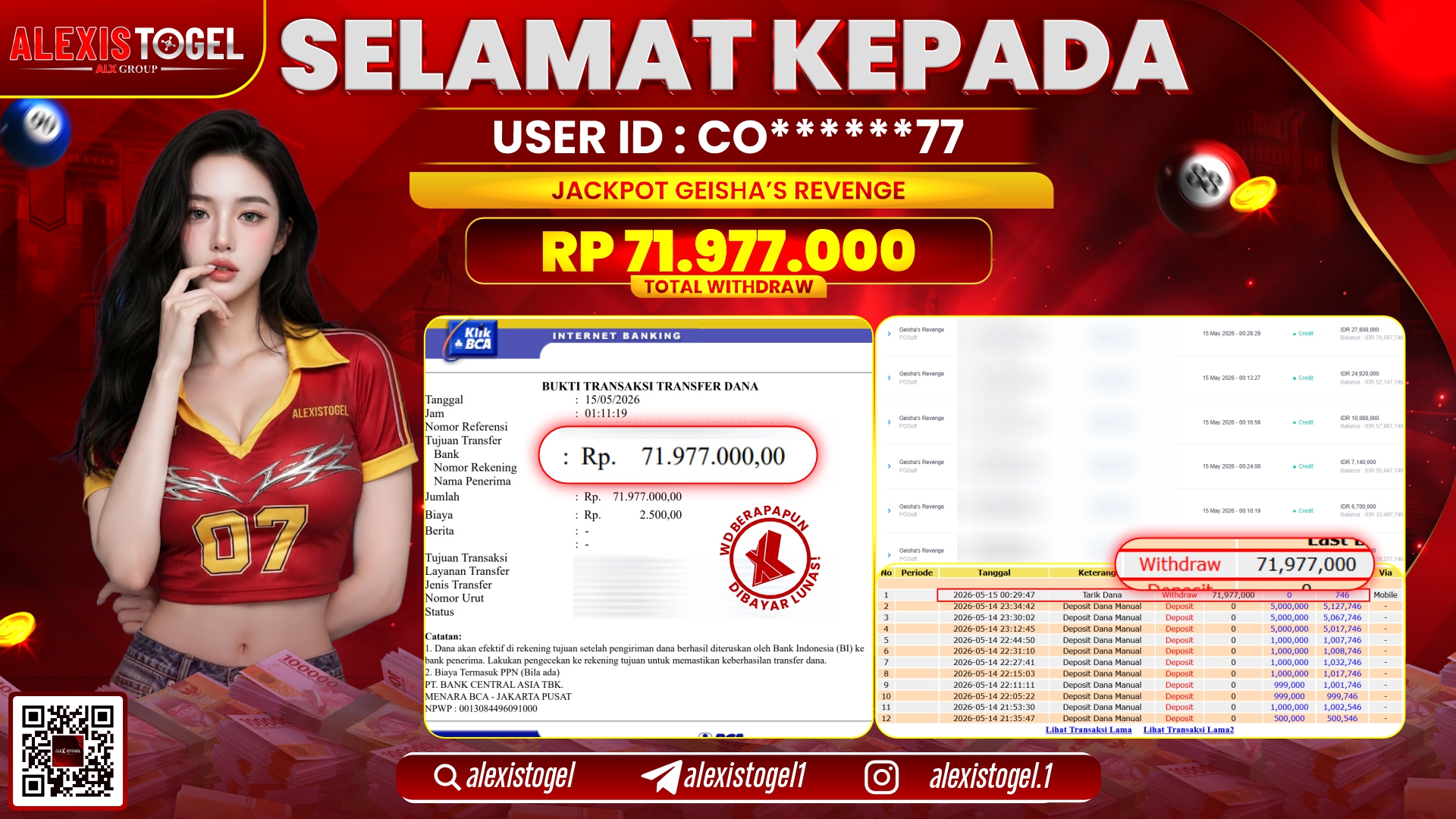 ALEXISTOGEL JACKPOT DI GEISHA'S REVENGE RP.71.977.000,- LUNAS