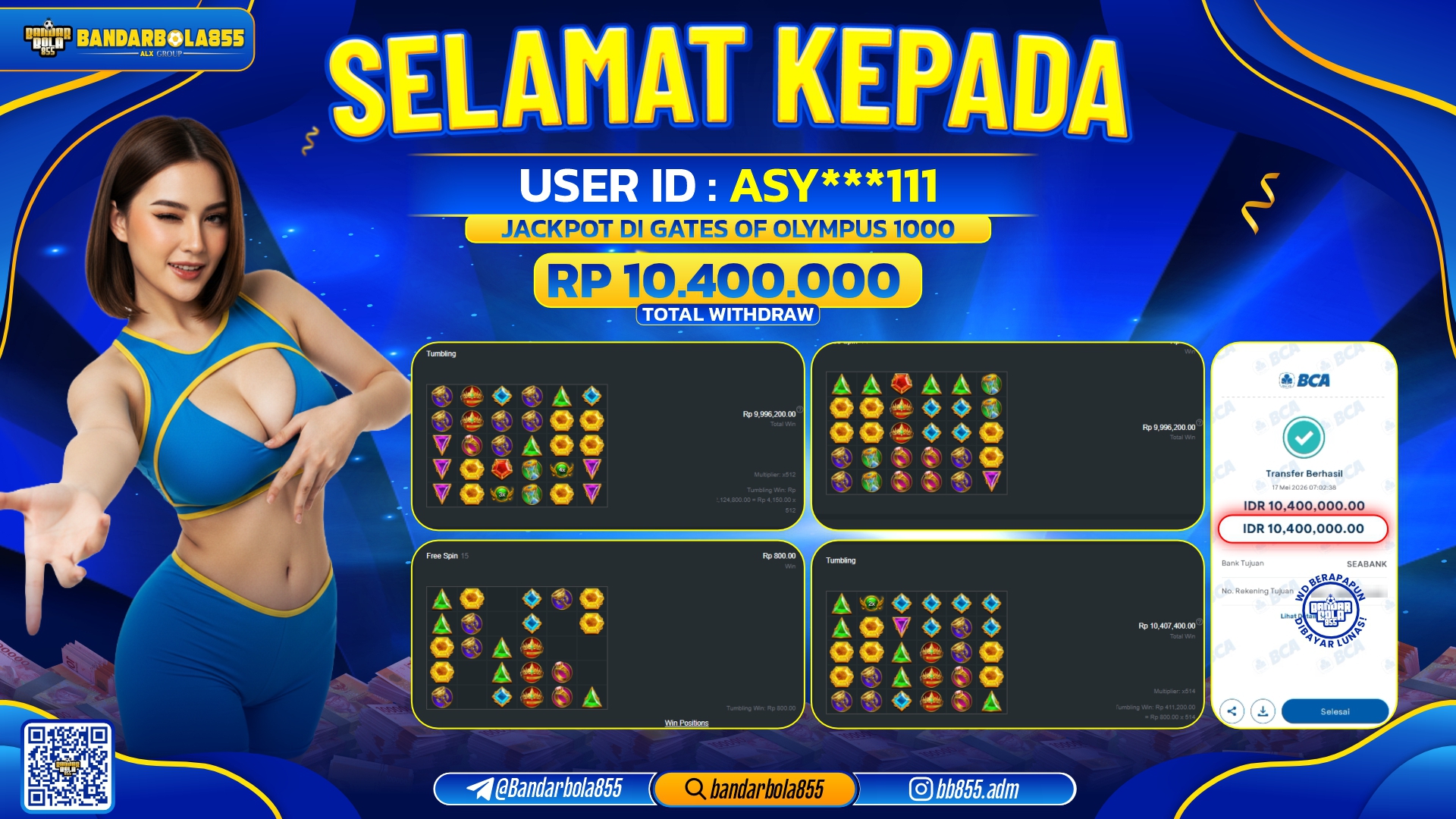 🎖 JACKPOT BANDARBOLA855 DI GATES OF OLYMPUS 1000 Rp10.400.000🎖