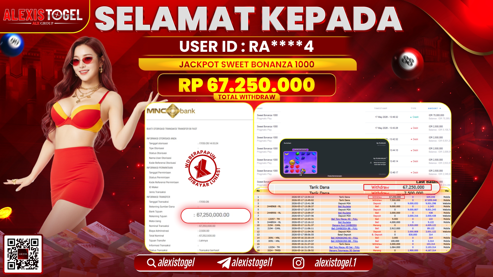 ALEXISTOGEL JACKPOT DI SLOT GAME SWEET BONANZA 1000 RP.67.250.000,- LUNAS