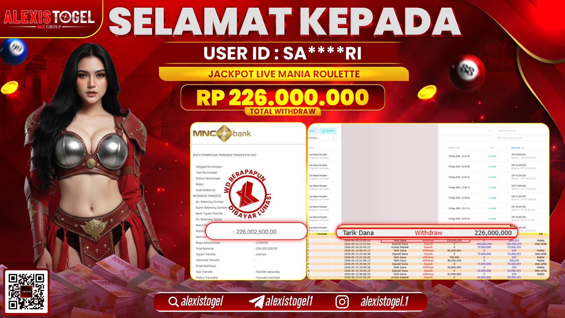 ALEXISTOGEL JACKPOT DI LIVE MANIA ROULETTE RP.226.000.000,- LUNAS