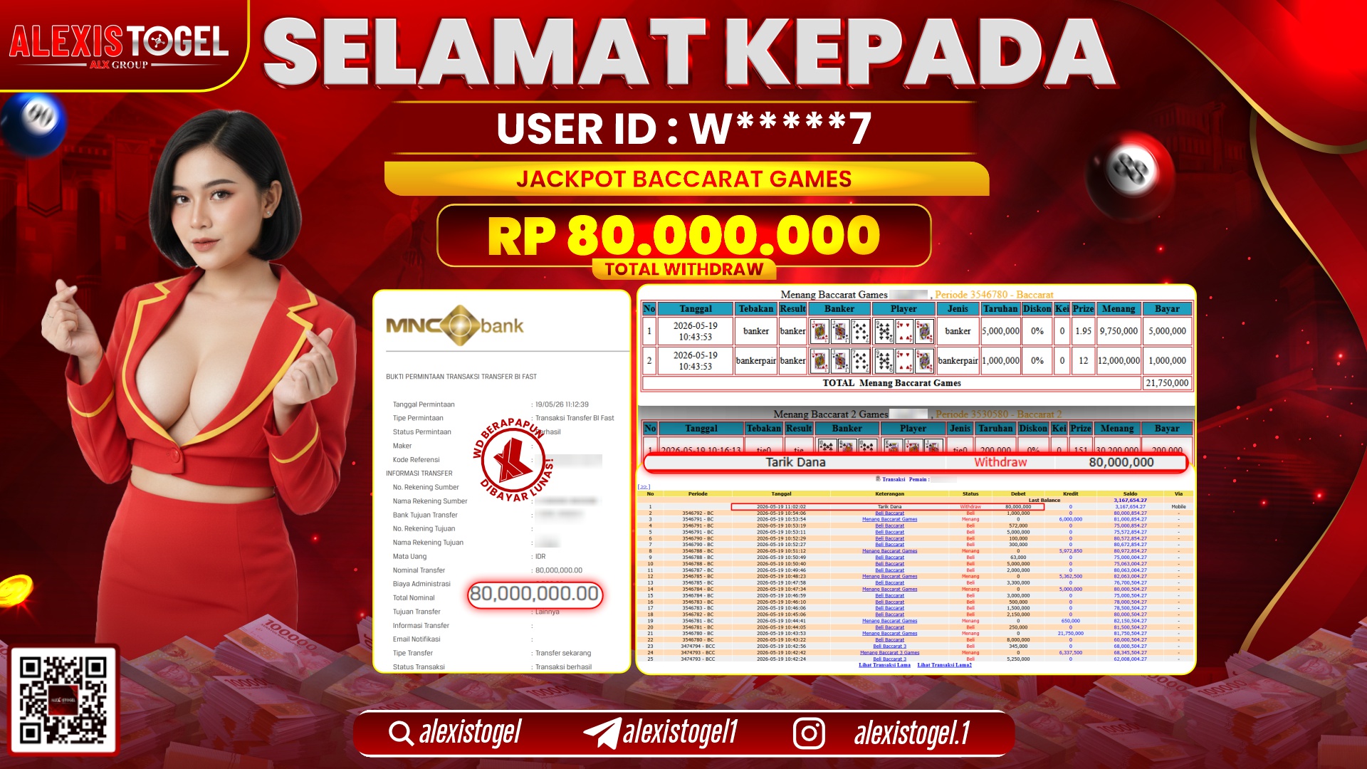 ALEXISTOGEL JACKPOT DI BACCARAT GAMES RP.80.000.000,- LUNAS