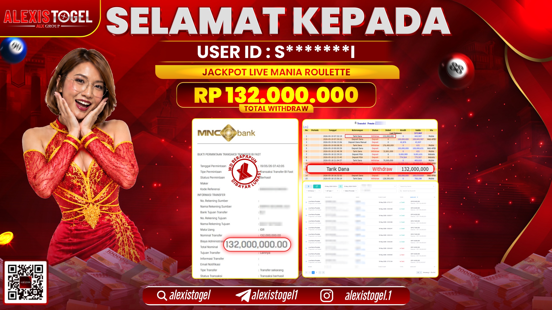 ALEXISTOGEL JACKPOT DI LIVE MANIA ROULLETE RP.132.000.000,- LUNAS