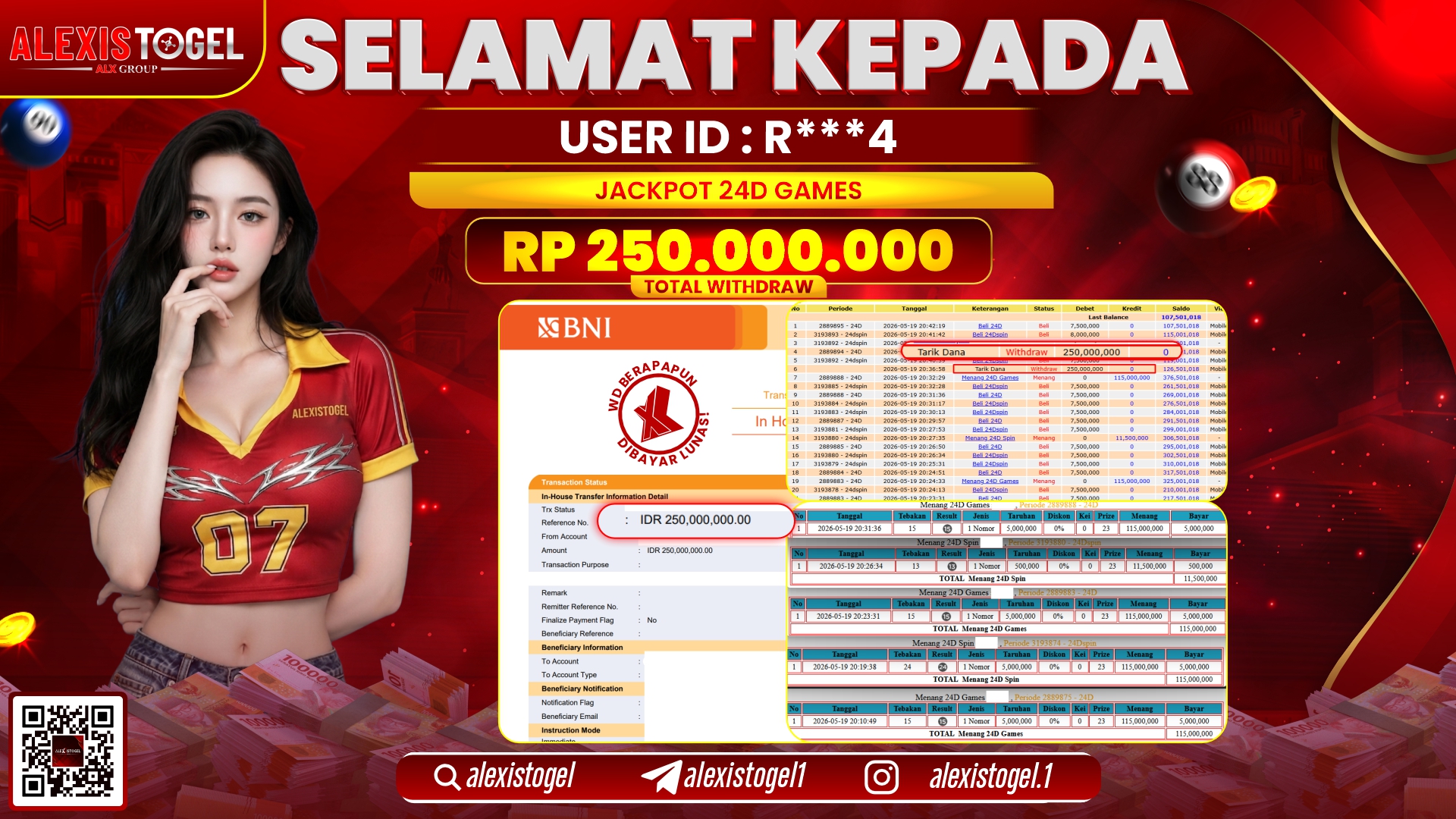 ALEXISTOGEL JACKPOT DI 24D GAMES RP.250.000.000,- LUNAS
