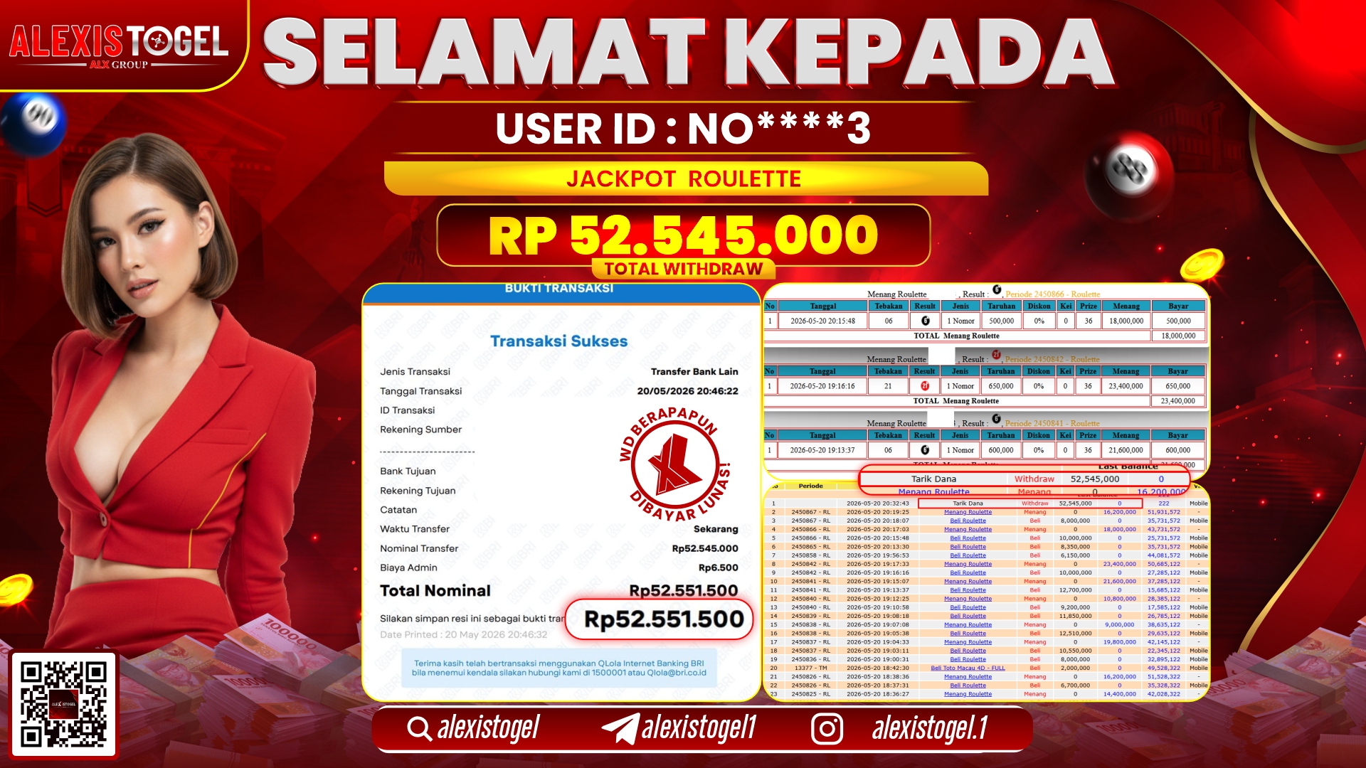 ALEXISTOGEL JACKPOT DI CASINO ROULETTE RP.52.545.000,- LUNAS