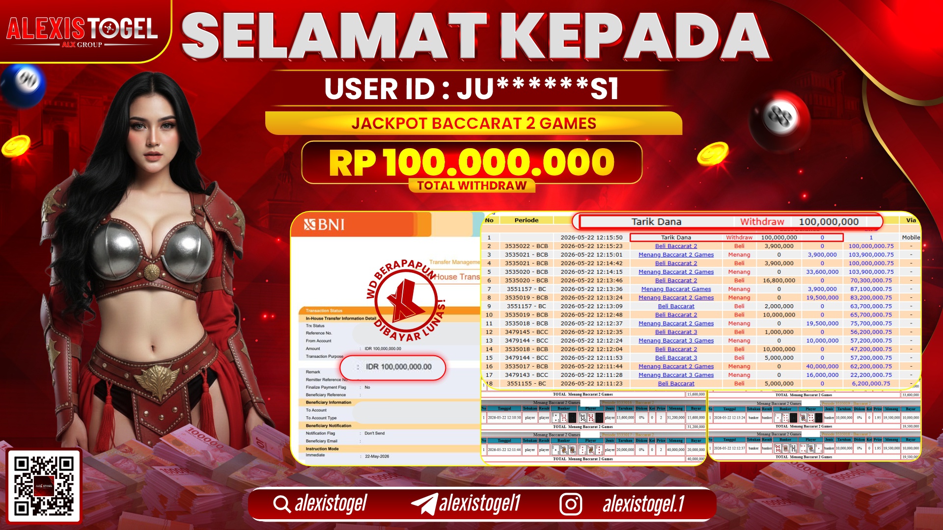ALEXISTOGEL JACKPOT DI BACCARAT 2 GAMES RP.100.000.000,- LUNAS