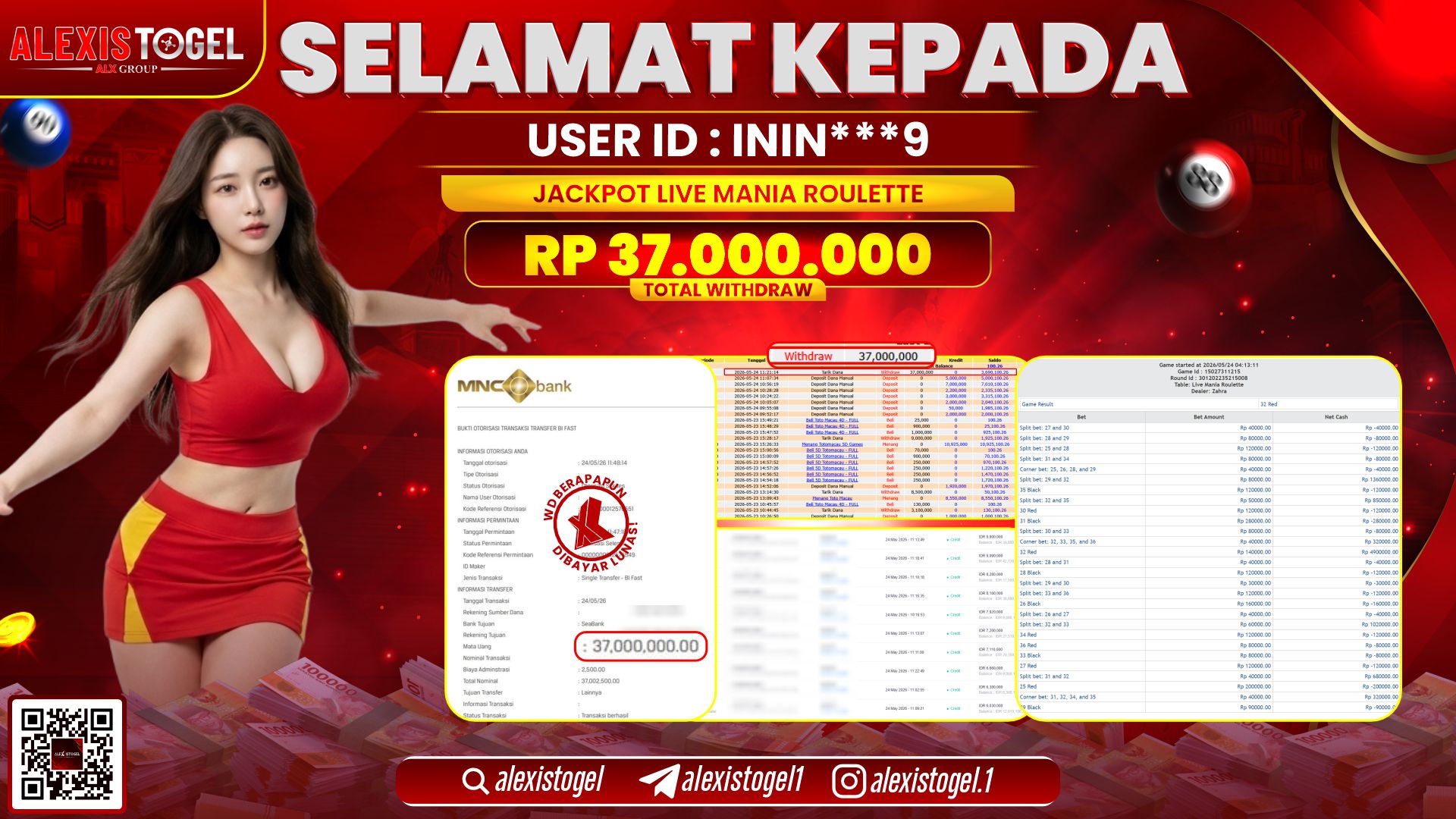 ALEXISTOGEL JACKPOT DI LIVE MANIA ROULLETE RP.37.000.000,- LUNAS