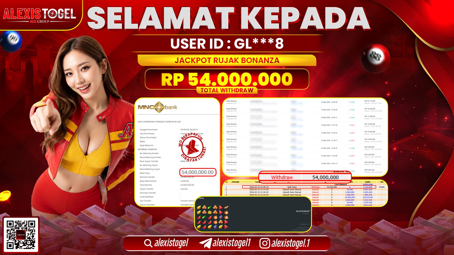 ALEXISTOGEL JACKPOT DI RUJAK BONANZA RP.54.000.000,- LUNAS