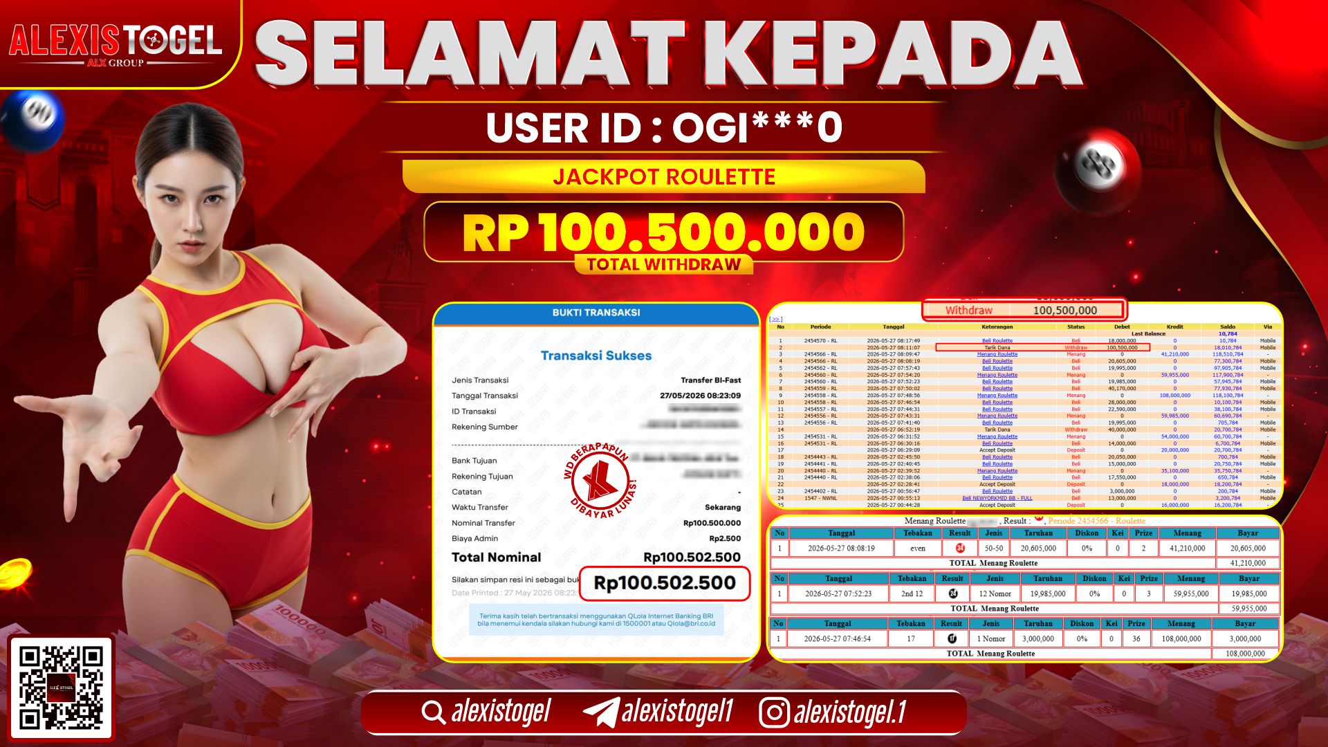ALEXISTOGEL JACKPOT DI ROULETTE RP.100.500.000,- LUNAS