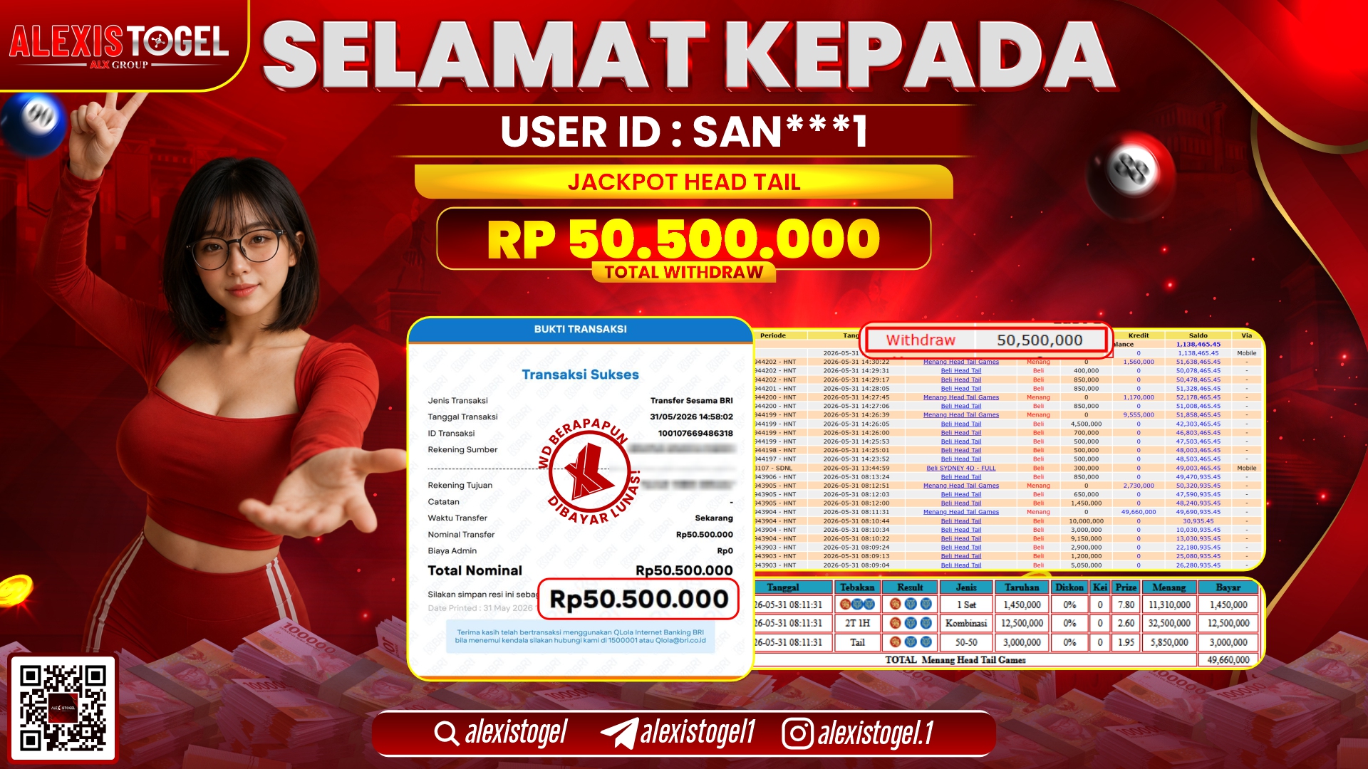 ALEXISTOGEL JACKPOT DI HEAD TAIL RP.50.500.000,- LUNAS
