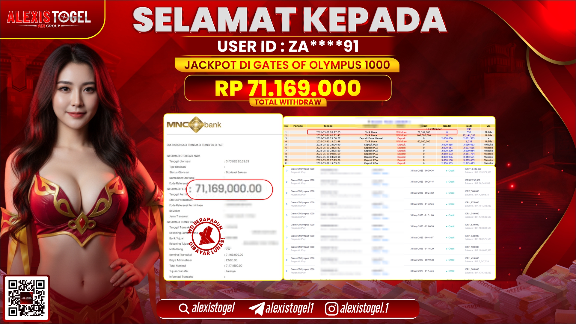 ALEXISTOGEL JACKPOT DI GATES OF OLYMPUS 1000 RP.71.169.000,- LUNAS