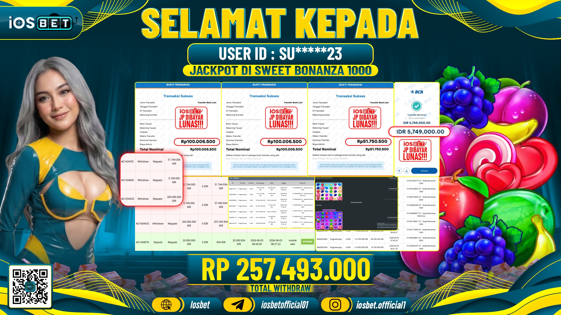 Bukti Pembayaran LUNAS SLOT GAME GACOR Rp.257.493.000,-