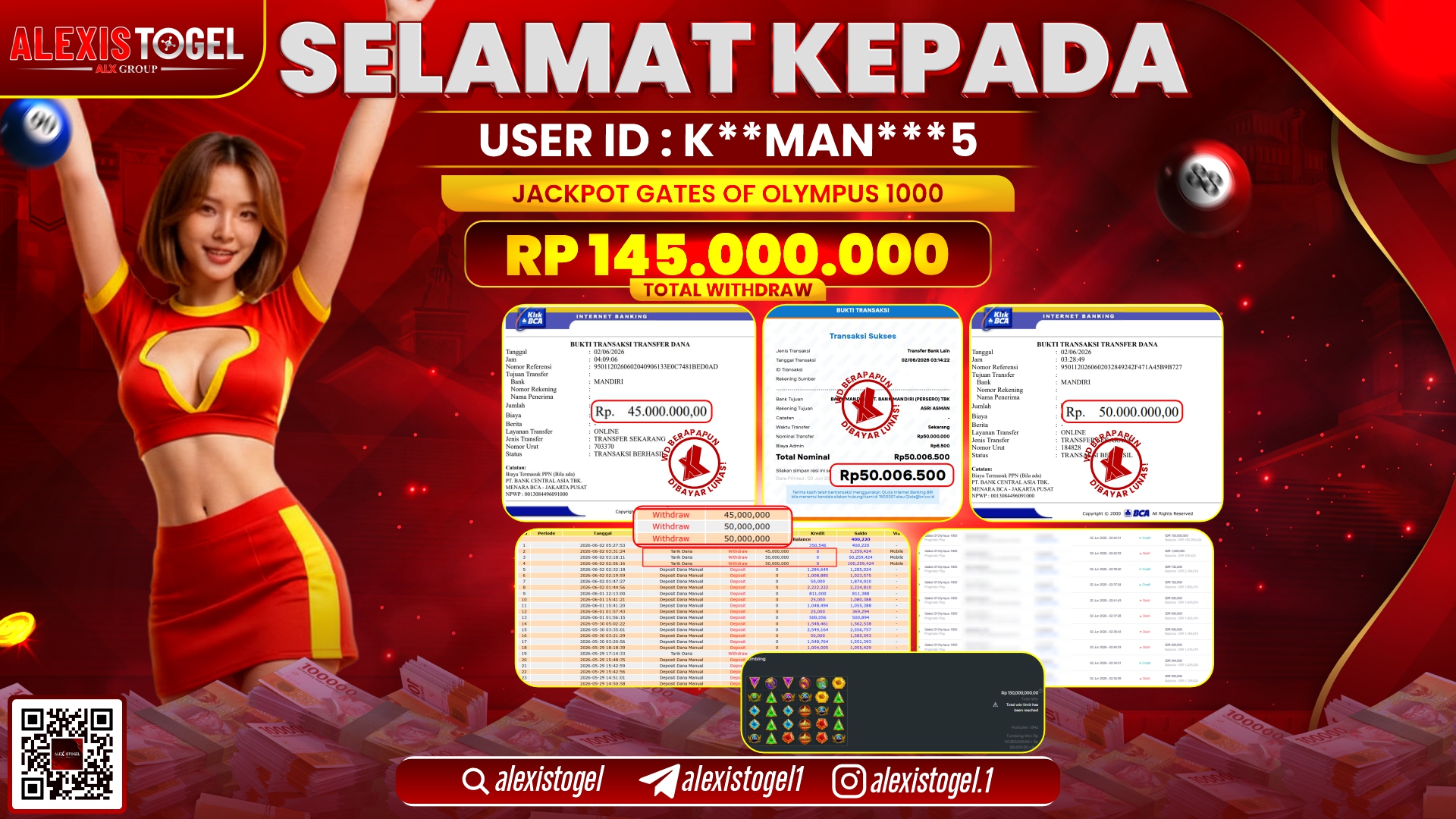 ALEXISTOGEL JACKPOT DI GATES OF OLYMPUS 1000 RP.145.000.000,- LUNAS