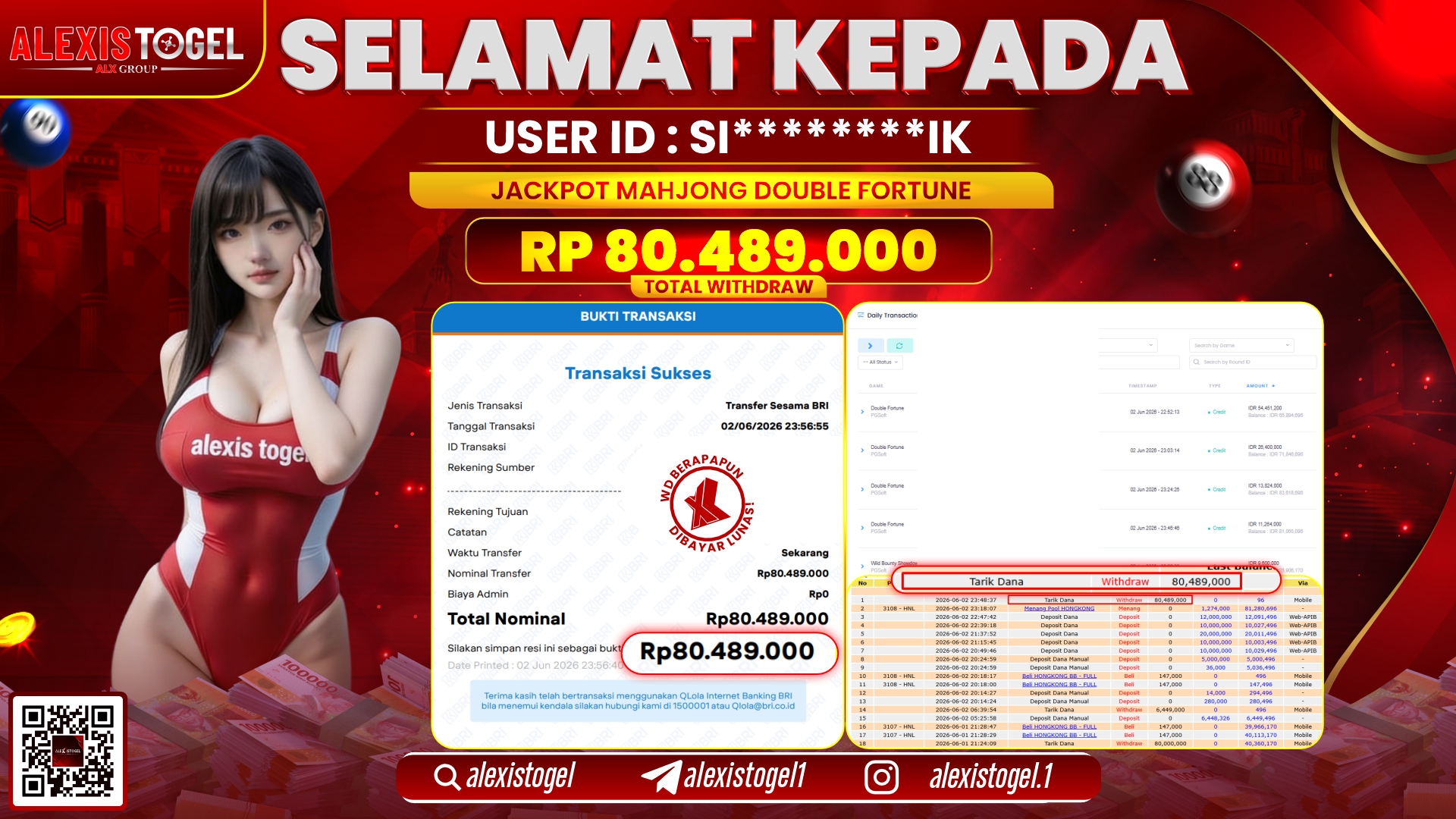 ALEXISTOGEL JACKPOT DI MAHJONG DOUBLE FORTUNE RP.80.489.000,- LUNAS