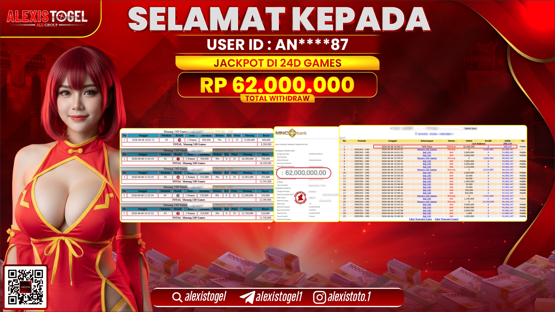 ALEXISTOGEL JACKPOT DI 24D GAMES RP.62.000.000,- LUNAS