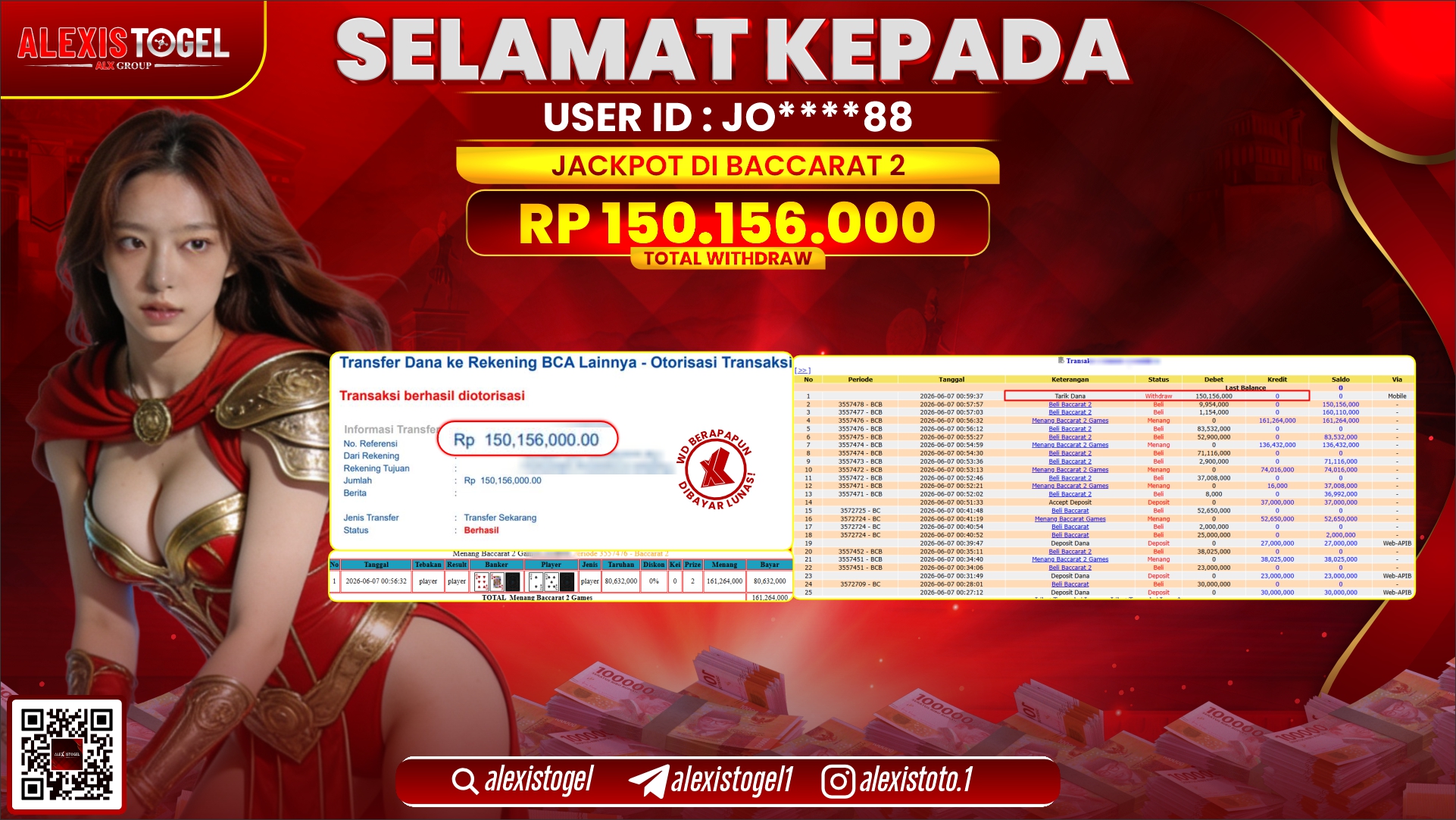 ALEXISTOGEL JACKPOT DI BACCARAT 2 RP.150.156.000,- LUNAS
