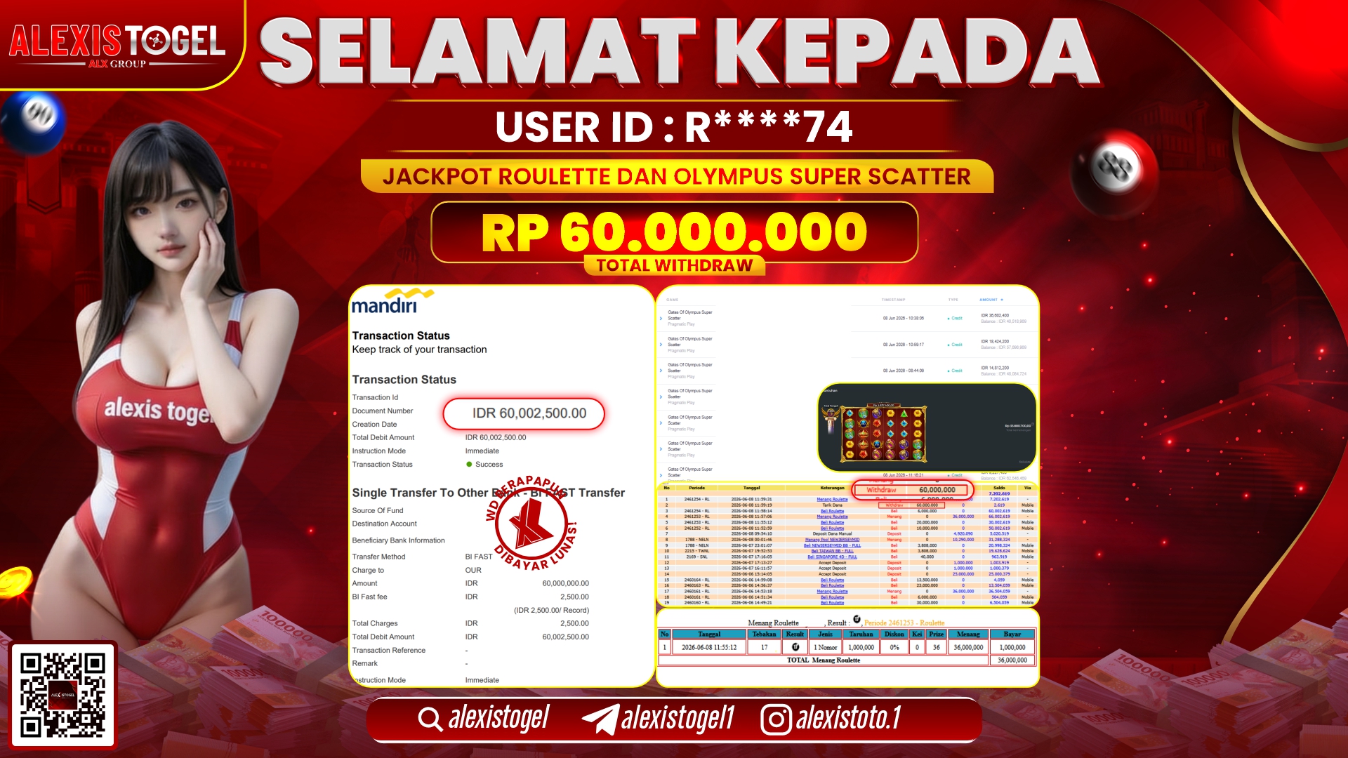 ALEXISTOGEL JACKPOT DI ROULETTE & OLYMPUS SUPER SCATTER RP.60.000.000,- LUNAS