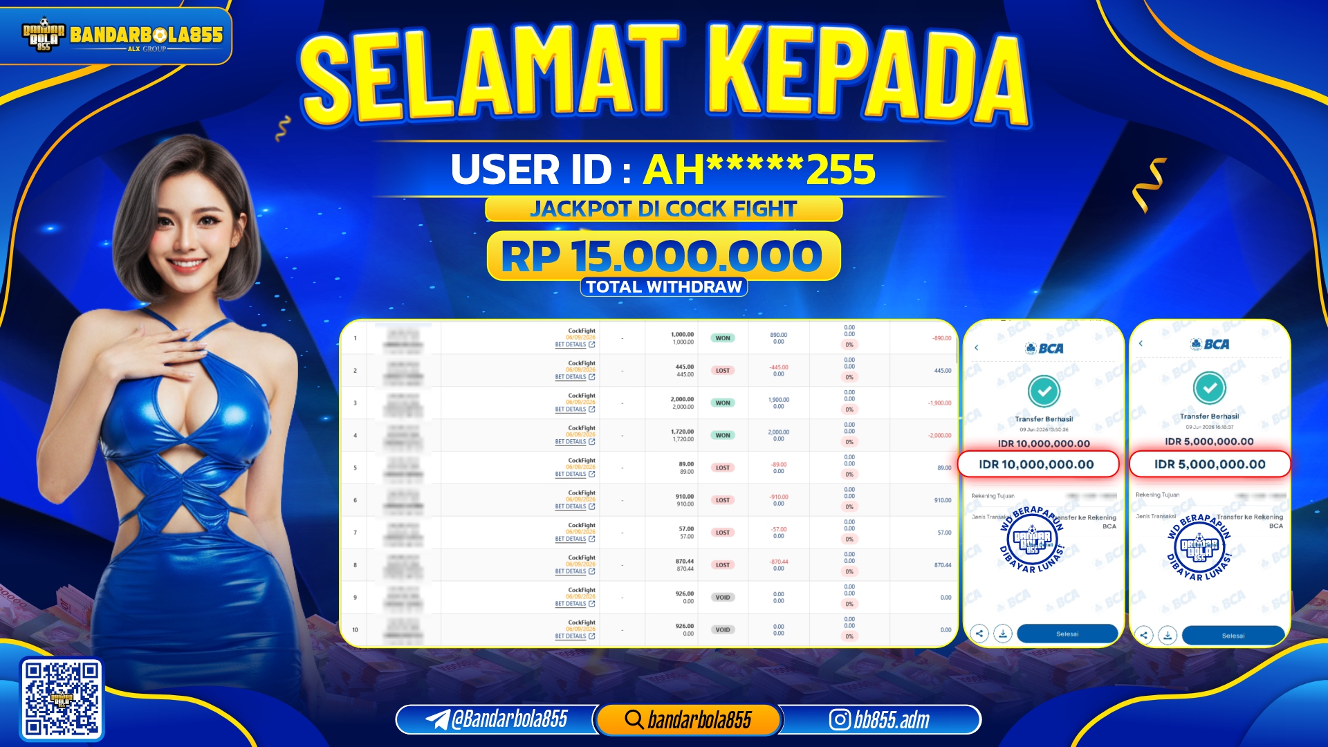 JACKPOT BANDARBOLA855 DI COCK FIGHT Rp15.000.000, - LUNAS🎖