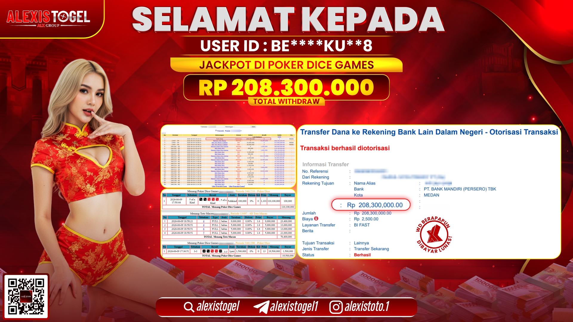 ALEXISTOGEL JACKPOT DI POKER DICE GAMES RP.208.300.000,- LUNAS