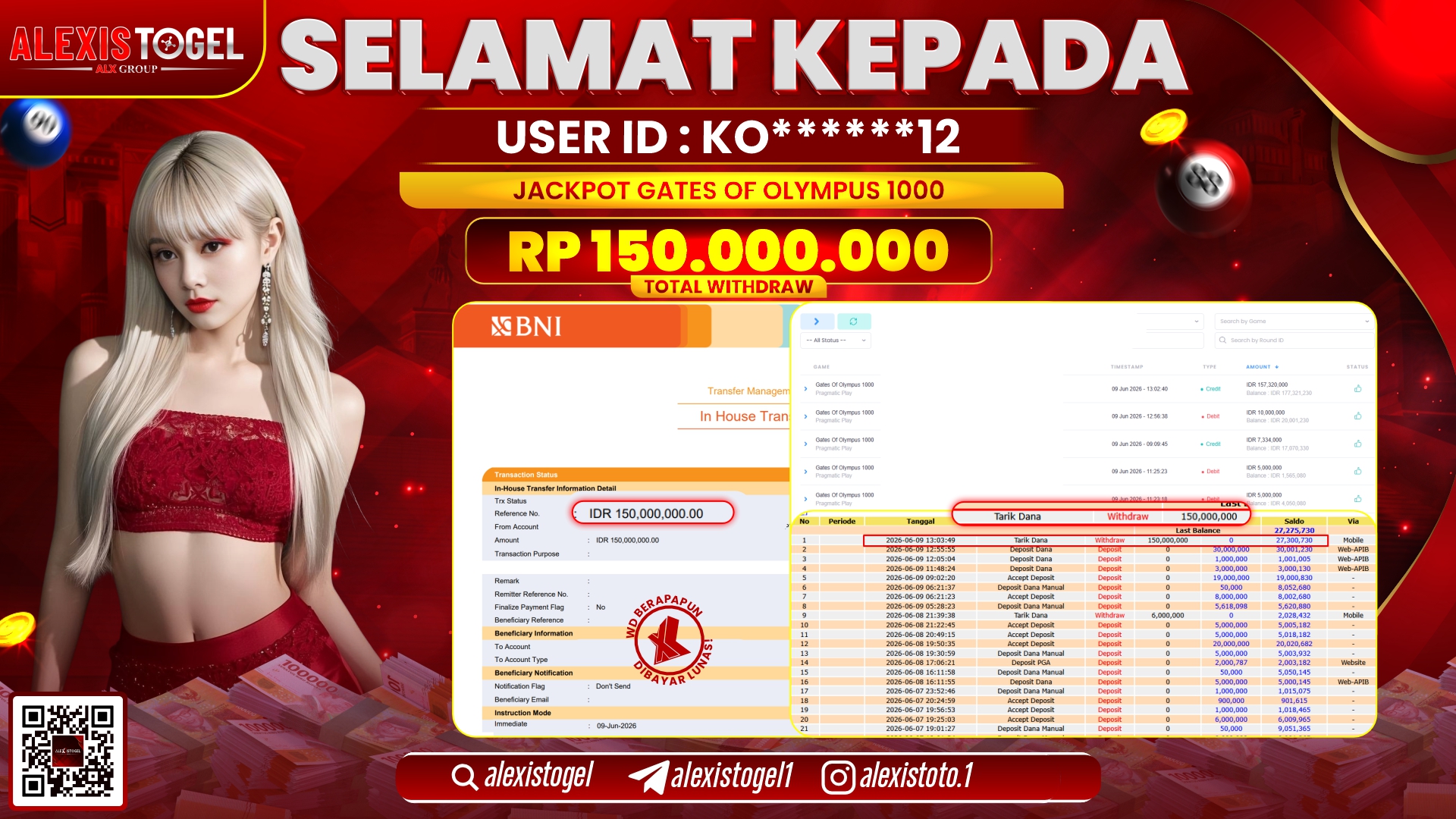 ALEXISTOGEL JACKPOT DI GATES OF OLYMPUS 1000 RP.150.000.000,- LUNAS