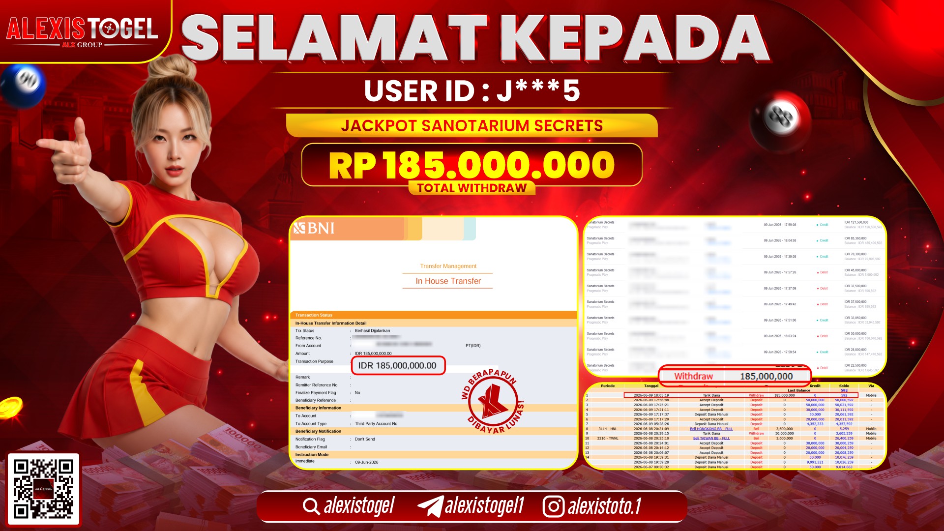 ALEXISTOGEL JACKPOT DI SANATORIUM SECRETS RP.185.000.000,- LUNAS