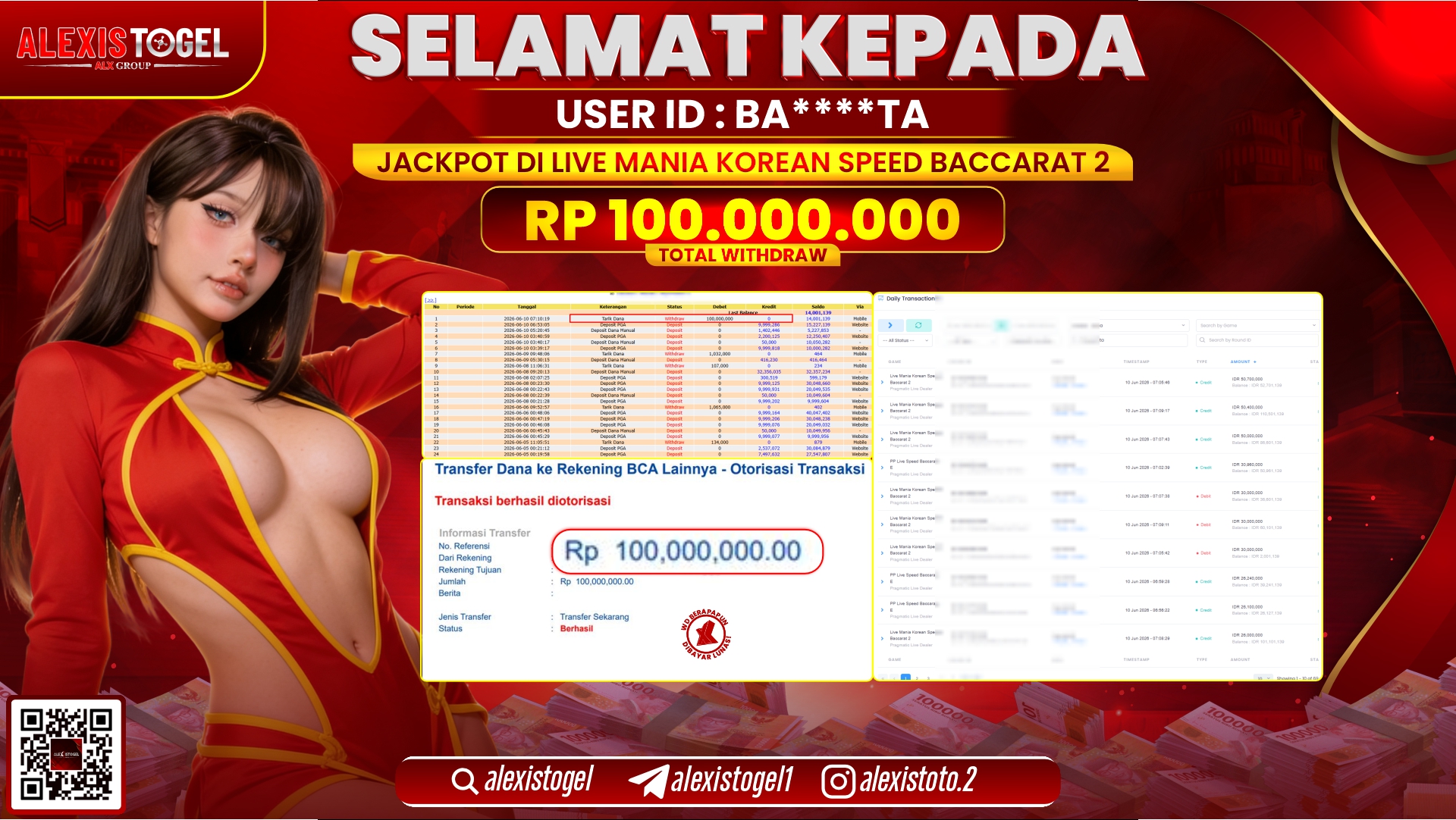 ALEXISTOGEL JACKPOT DI LIVE MANIA KOREAN SPEED BACCARAT 2 RP.100.000.000,- LUNAS