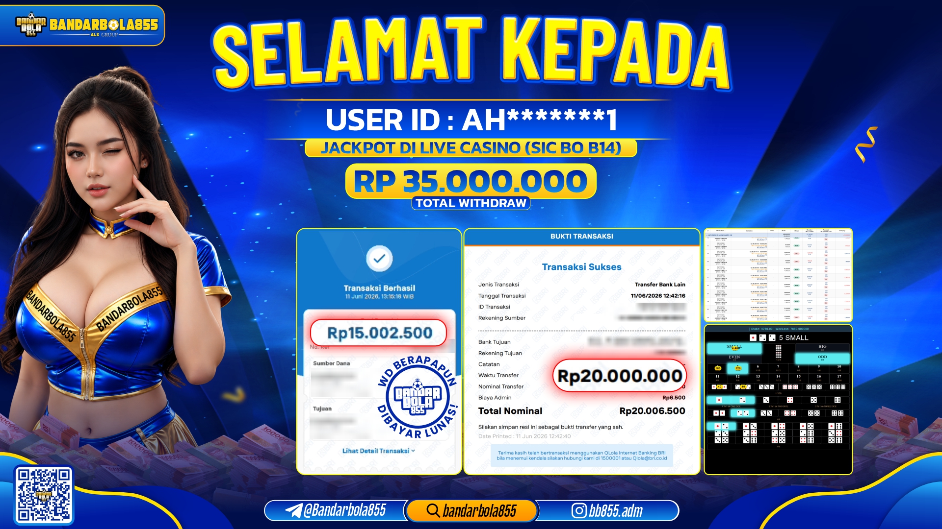 JACKPOT BANDARBOLA855 DI LIVE CASINO (SIC BO B14) Rp35.000.000, - LUNAS🎖