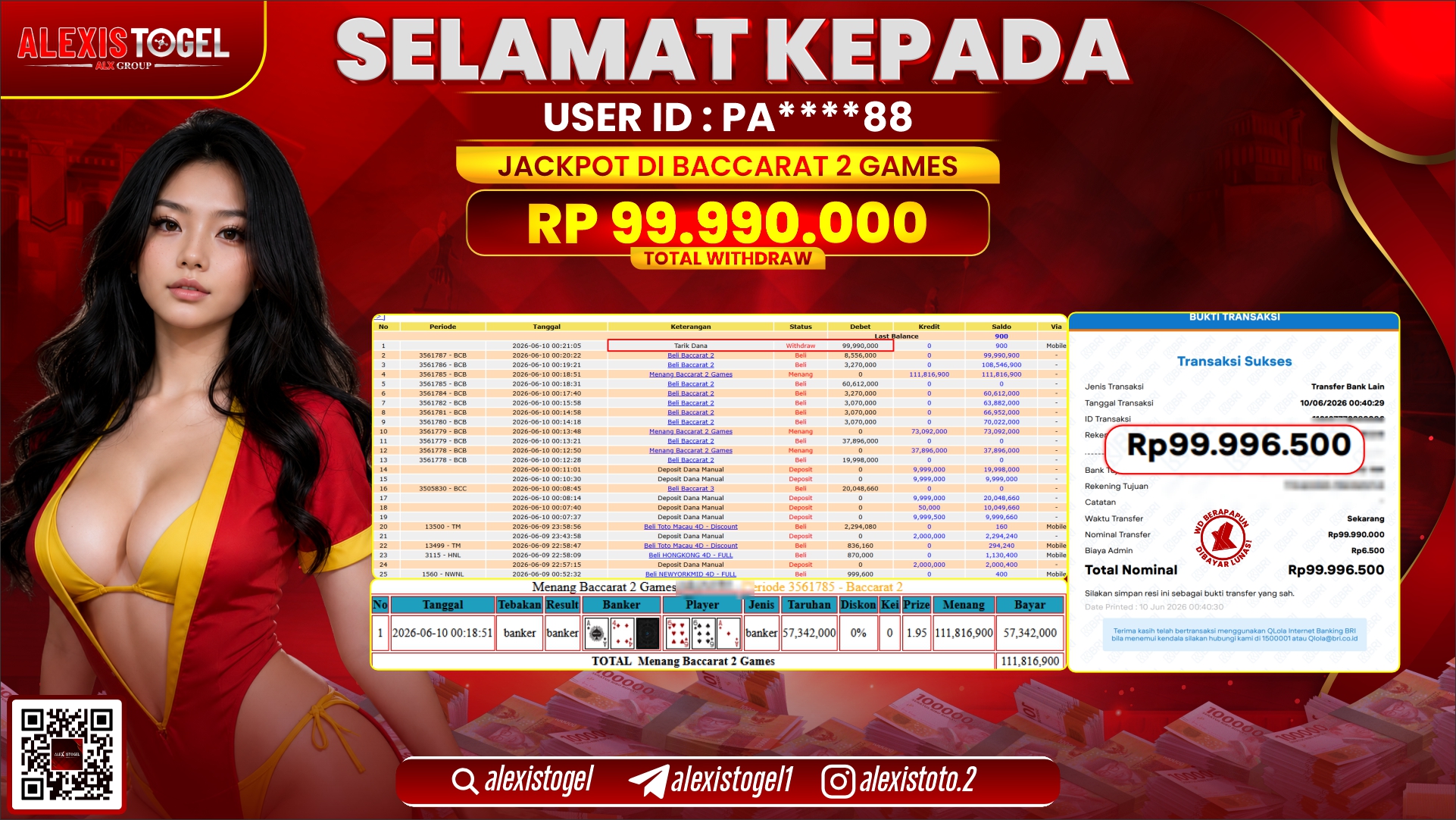 ALEXISTOGEL JACKPOT DI BACCARAT 2 GAMES RP.99.990.00,- LUNAS