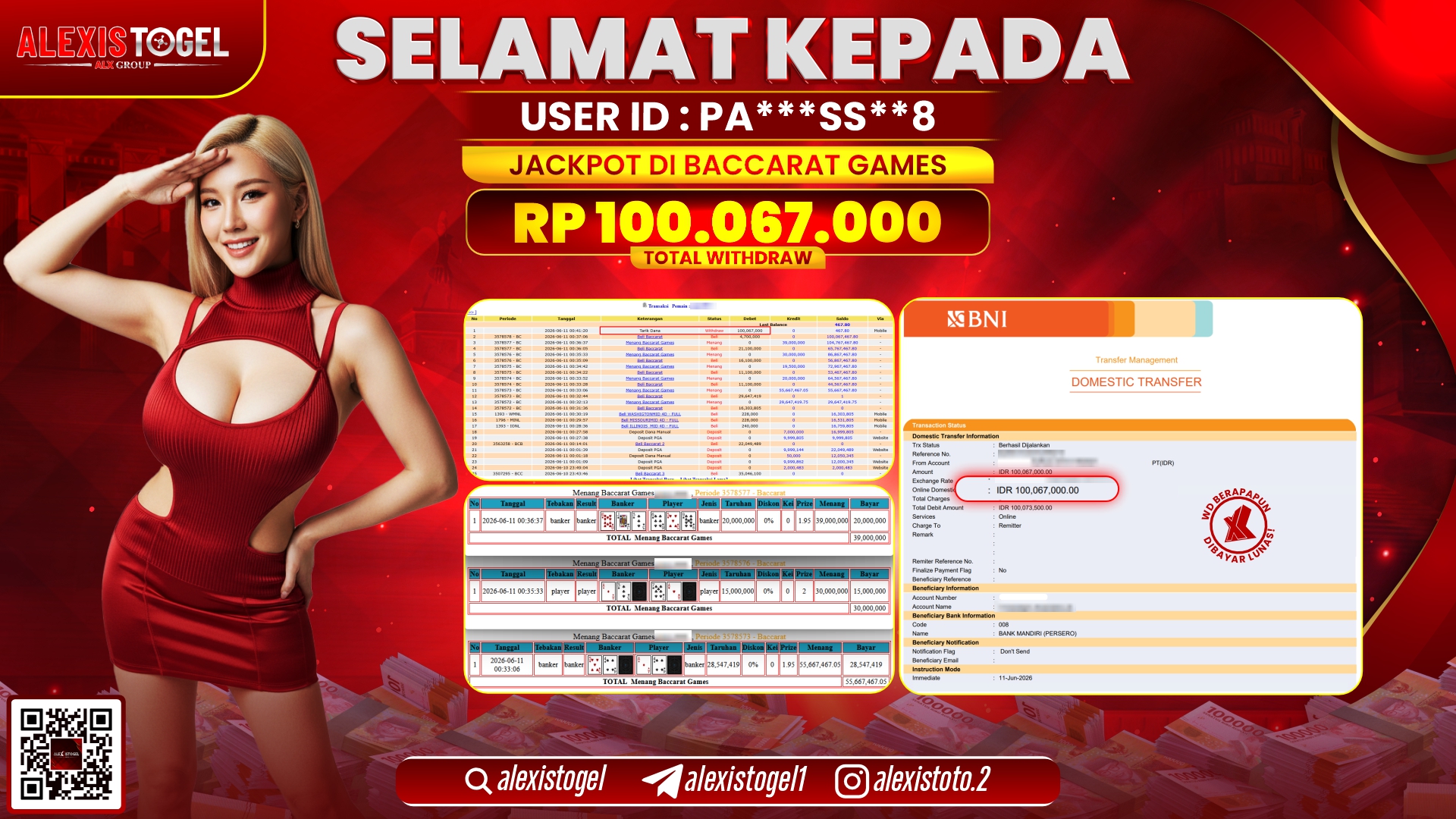 ALEXISTOGEL JACKPOT DI BACCARAT GAMES RP.100.067.000,- LUNAS