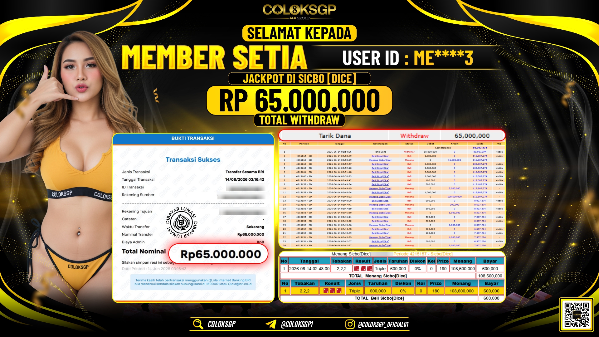 COLOKSGP JACKPOT IDNLIVE- SICBO [DICE] RP65.000.000,- LUNAS
