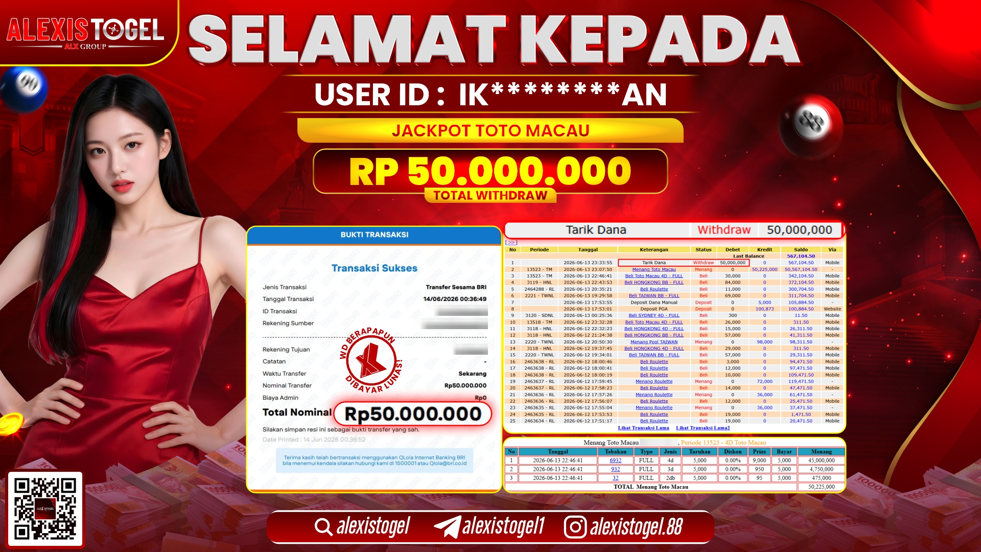 ALEXISTOGEL JACKPOT DI TOTO MACAU RP.50.000.000,- LUNAS
