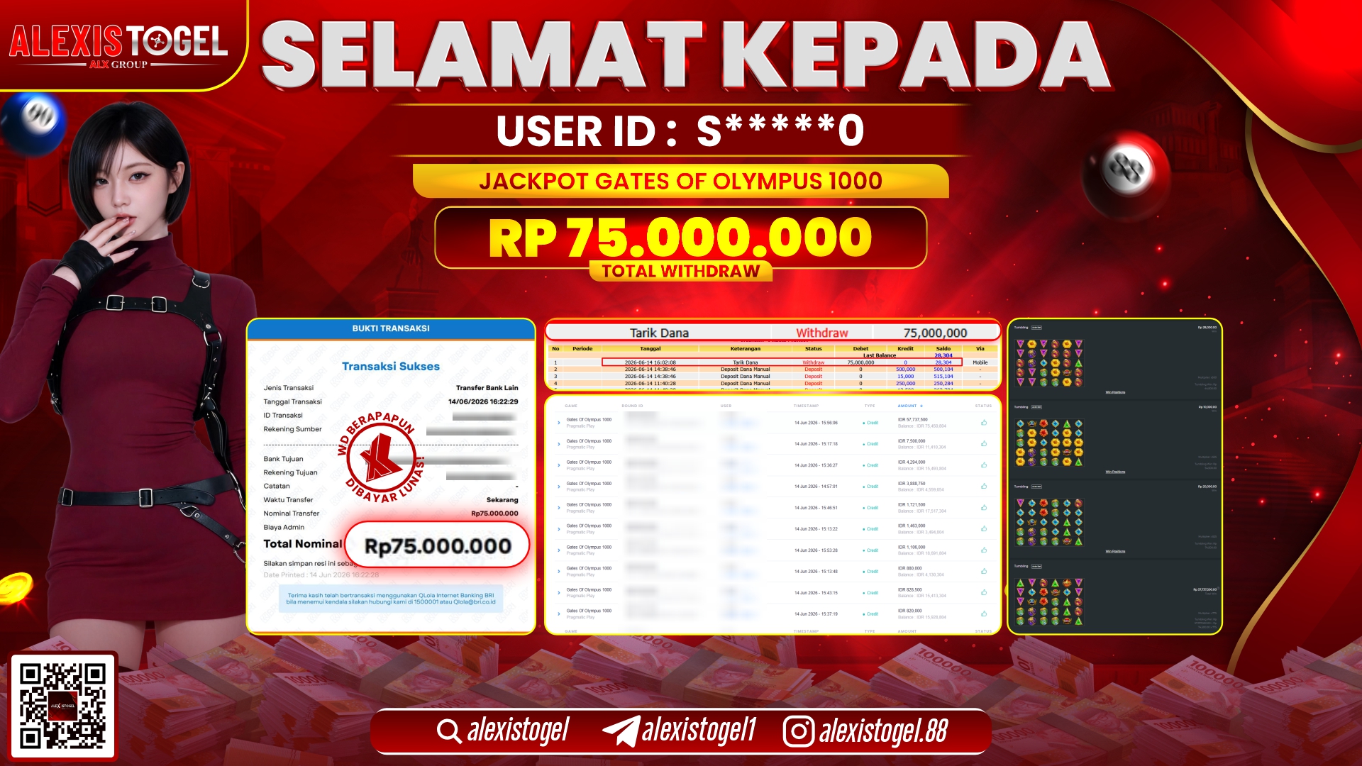 ALEXISTOGEL JACKPOT DI GATES OF OLYMPUS 1000 RP.75.000.000,- LUNAS