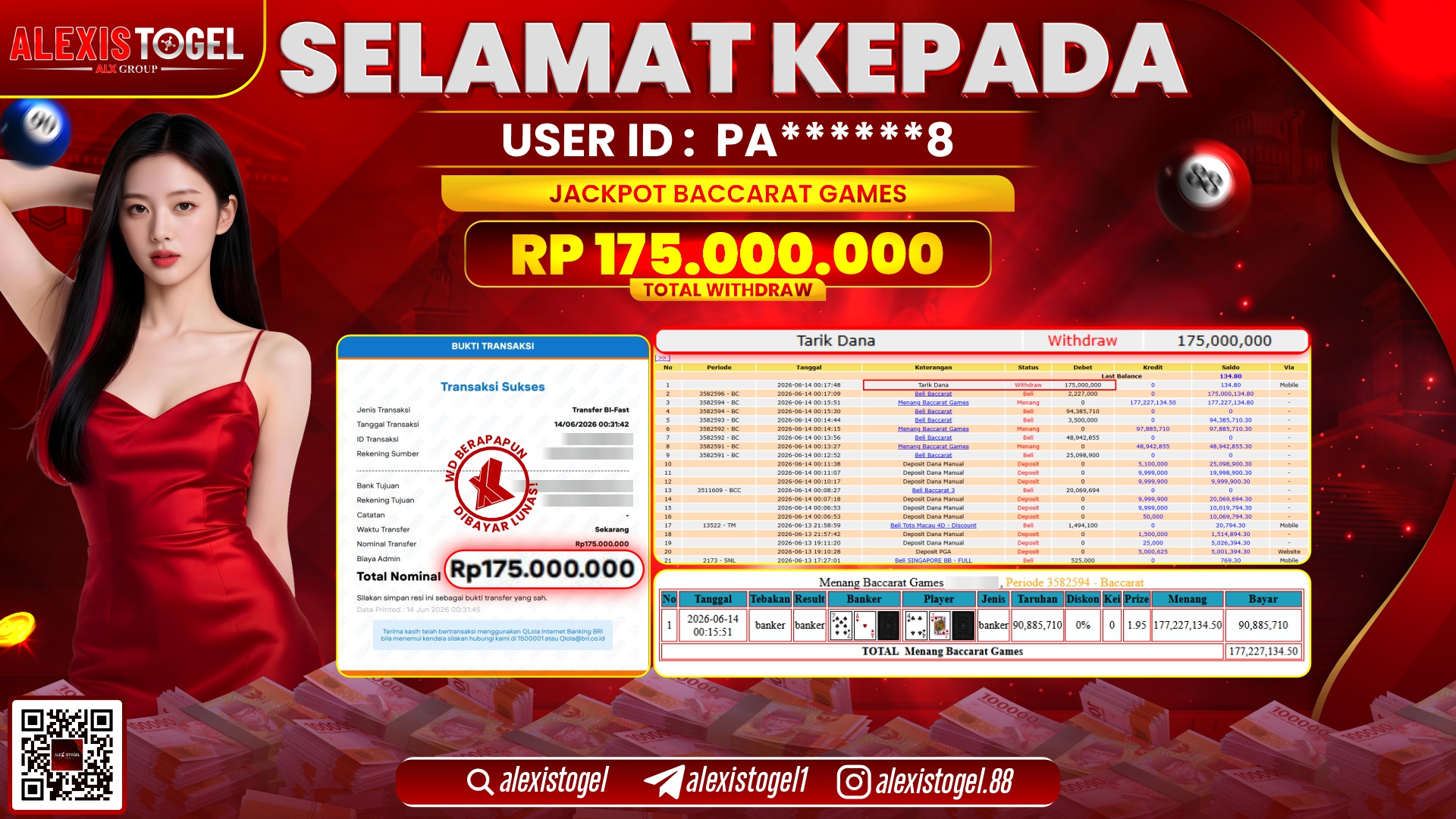 ALEXISTOGEL JACKPOT DI BACCARAT GAMES RP.175.000.000,- LUNAS