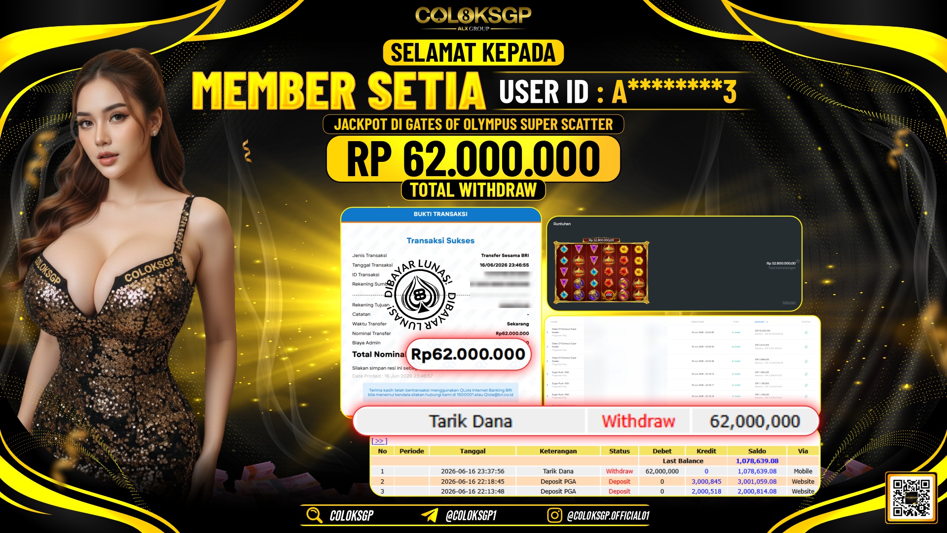 COLOKSGP JACKPOT PRAGMATIC PLAY - GATES OF OLYMPUS SUPER SCATTER RP62.000.000,- LUNAS