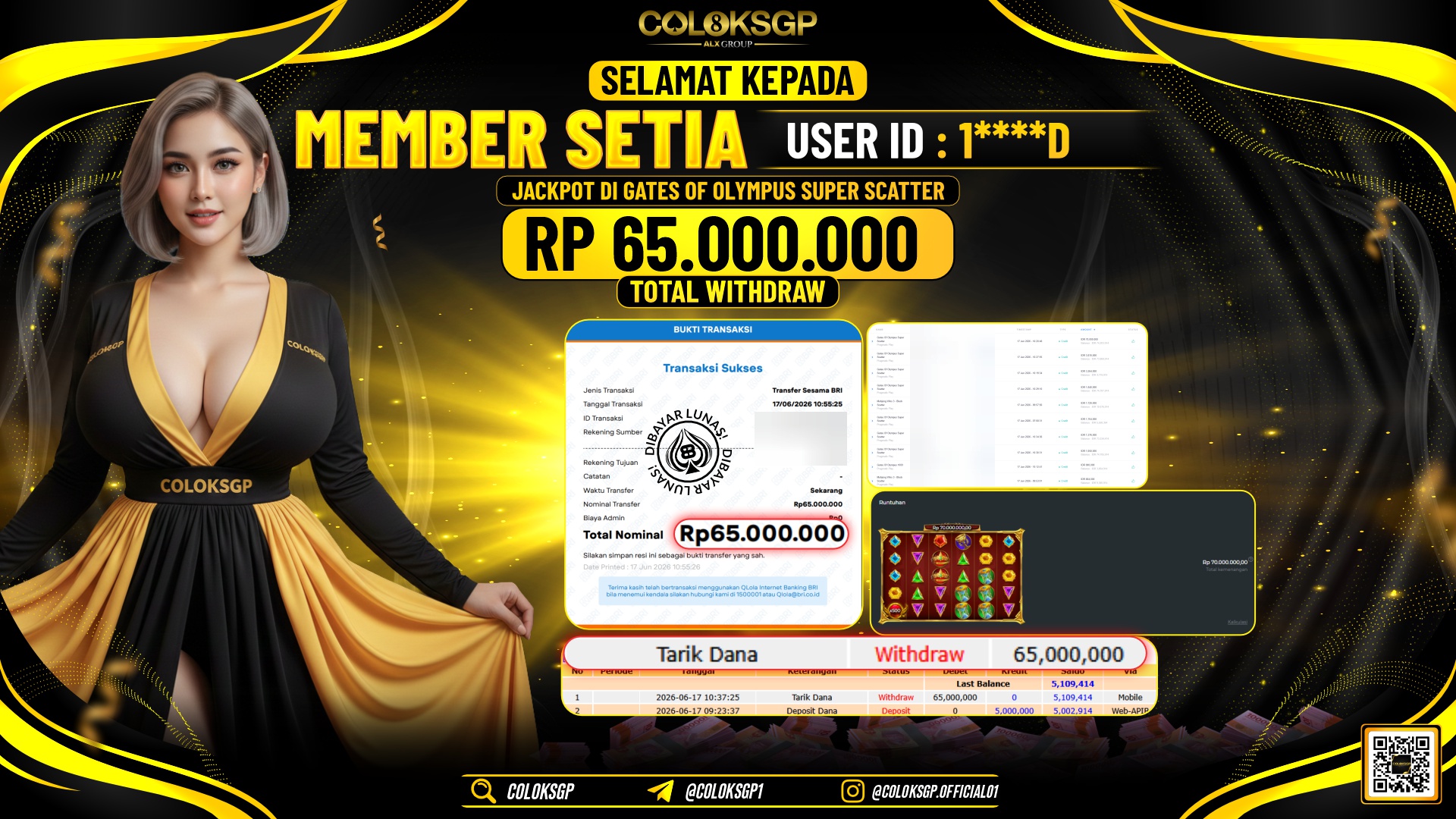 COLOKSGP JACKPOT PRAGMATIC PLAY - GATES OF OLYMPUS SUPER SCATTER RP65.000.000,- LUNAS