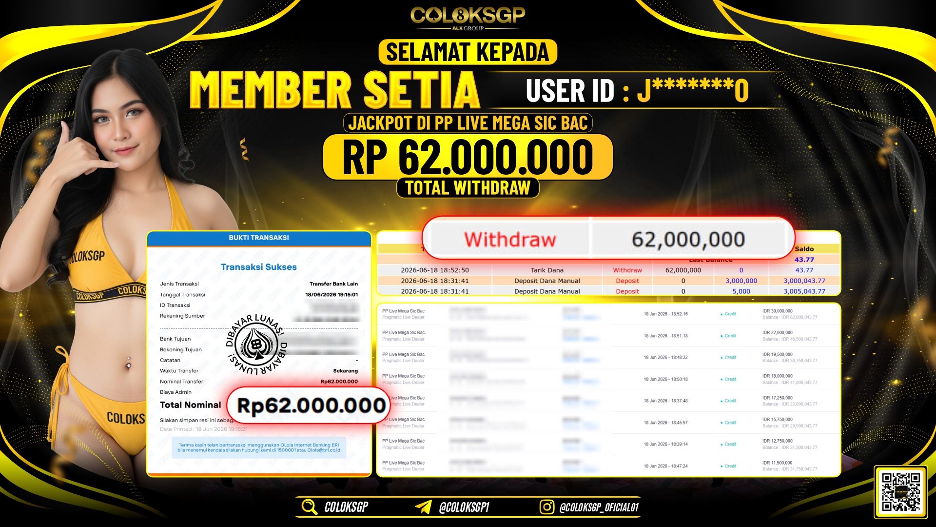 COLOKSGP JACKPOT PRAGMATIC LIVE DEALER - PP LIVE MEGA SIC BAC RP62.000.000,- LUNAS