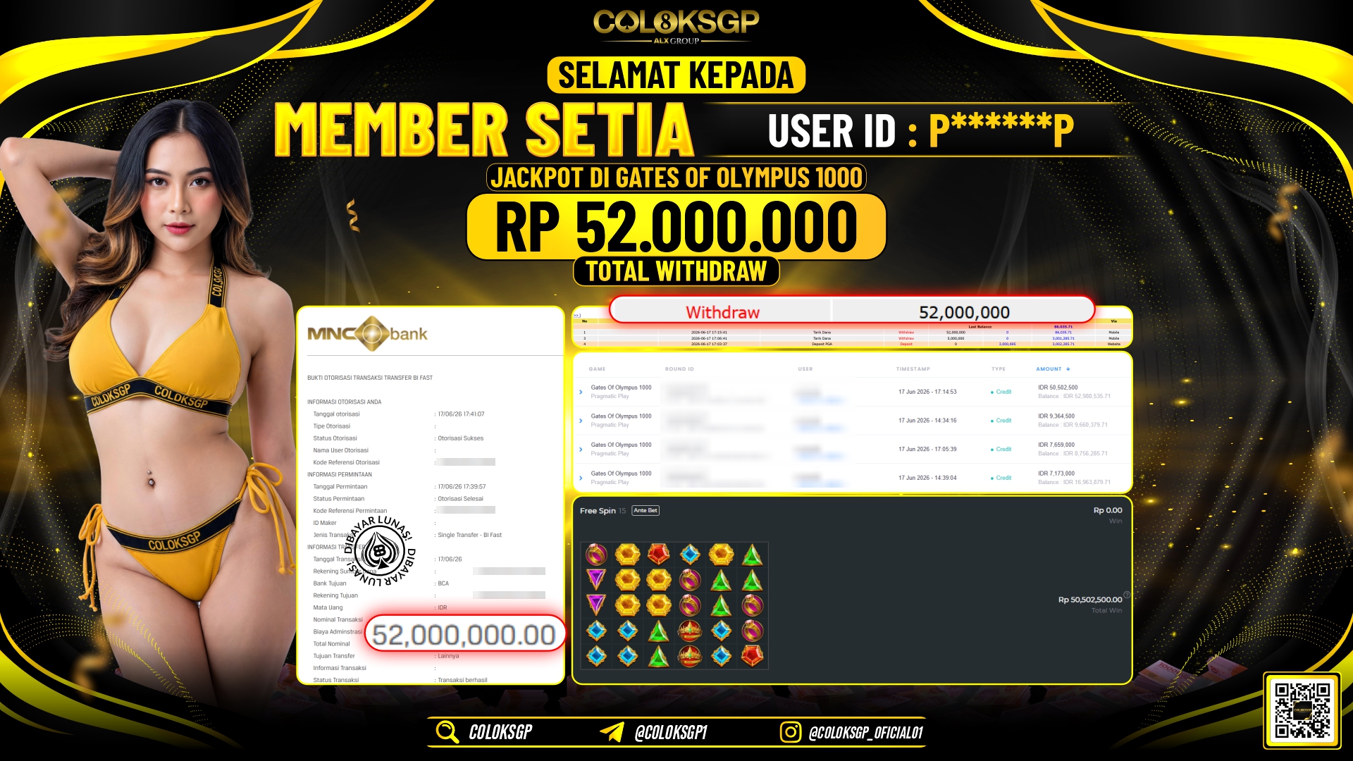 COLOKSGP JACKPOT PRAGMATIC PLAY - GATES OF OLYMPUS 1000 RP52.000.000,- LUNAS