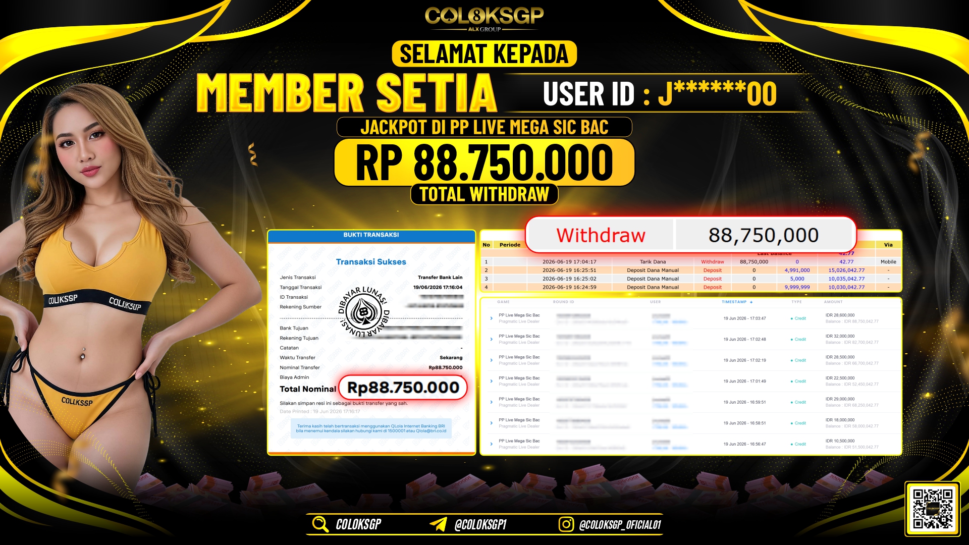 COLOKSGP JACKPOT PRAGMATIC LIVE DEALER - PP LIVE MEGA SIC BAC RP88.750.000,- LUNAS