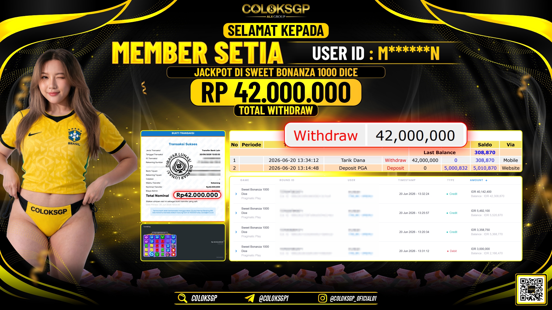 COLOKSGP JACKPOT PRAGMATIC PLAY - SWEET BONANZA 1000 DICE RP42.000.000,- LUNAS